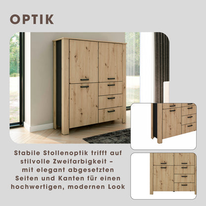 byLIVING Higboard FARO / Artisan Eiche (Eiche-Optik) oder weiß, Absetzung in schwarz / Stollenoptik / 3 Türen und 3 Schubkästen / verstellbare Einlegeböden / viel Stauraum / Sideboard / Kommode / Maße: B 160, H 84, T 40 cm
