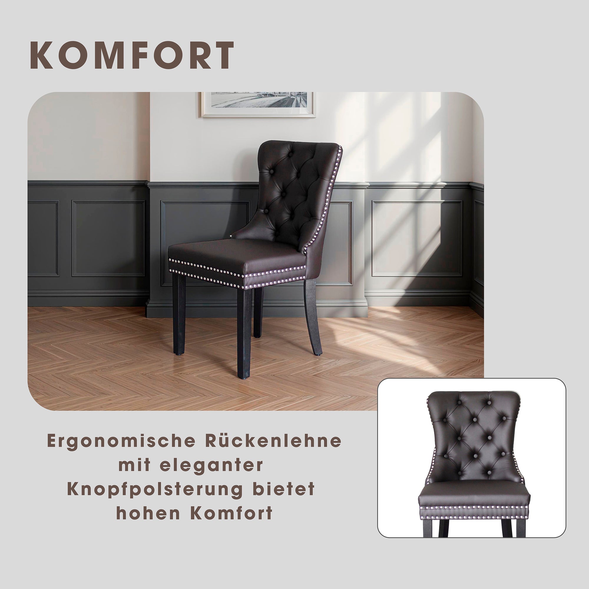 Esszimmerstuhl 2er Set DOMINO / Kunstleder dunkelbraun / Gestell Massivholz schwarz / B 48,5, H 93, T 61 cm