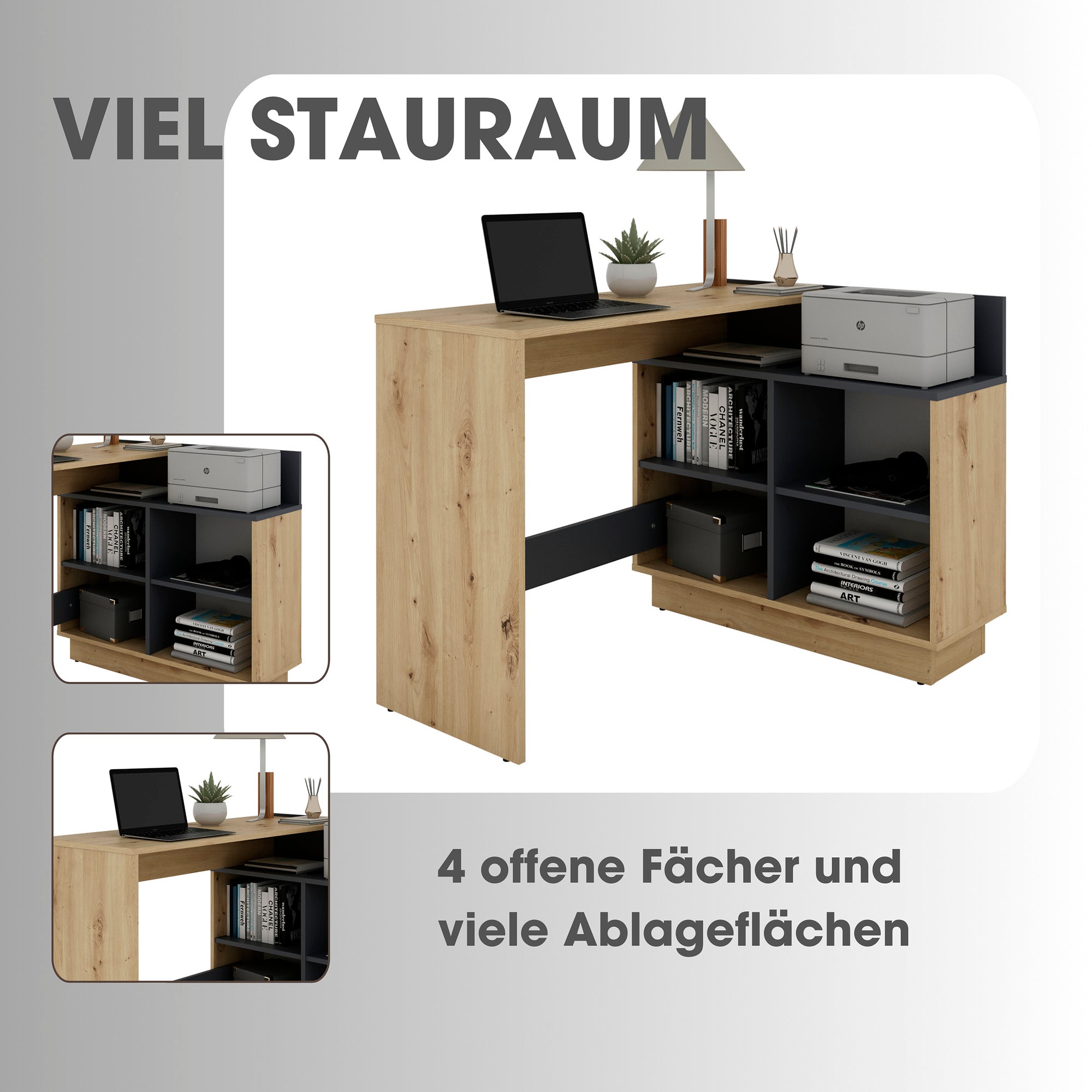 Schreibtisch BERNI / Gaming-Tisch in weiß oder Artisan Eiche (Eiche-Optik) mit graphit / Mit viel Stauraum und großer Tischplatte / Computer-Tisch / PC / Arbeits-Tisch / rechts-links montierbar / B 102, H 77,5, T 80 cm