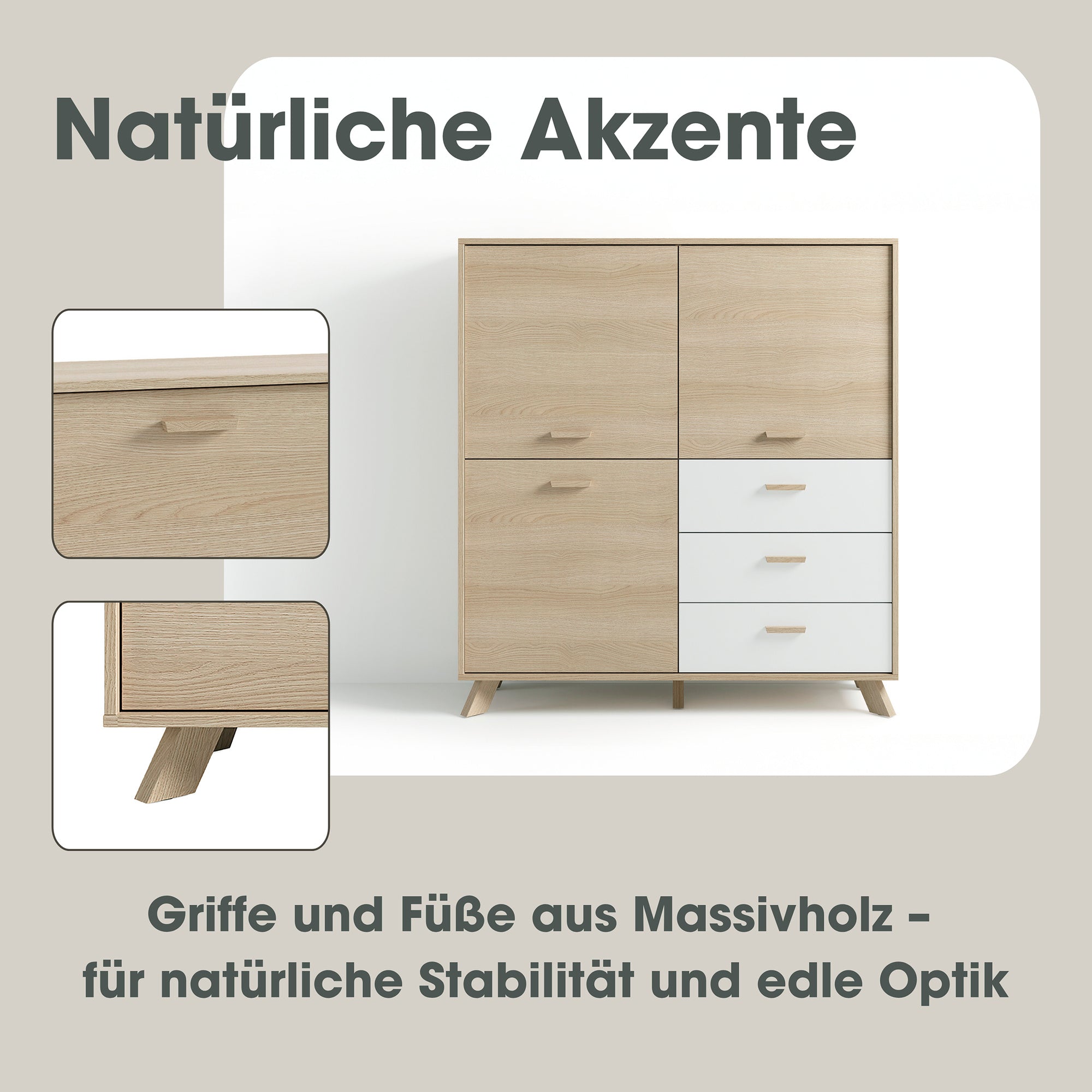 Highboard BASTIAN / Eiche bianco, weiß / Griffe und Füße Massivholz Eiche / 3 Türen, 3 Schubladen / viel Stauraum / Kommode / Schrank / Maße: B 120, H 131, T 36,5 cm