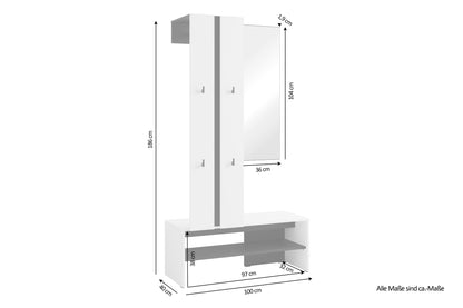 byLIVING Kompaktgarderobe NANTE / Artisan Eiche (Eiche-Optik) oder weiß, Absetzung in schwarz / Spiegel, Kleiderstange, offene Fächer / Garderobenmöbel / Flurgarderobe / Maße: B 100, H 186, T 40 cm
