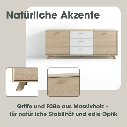 byLIVING Sideboard BASTIAN / Eiche bianco, weiß / Griffe und Füße Massivholz Eiche / 3 Schubkästen und 2 Türen / viel Stauraum / Kommode / Anrichte / Maße: B 180, H 72,5, T 36,5 cm