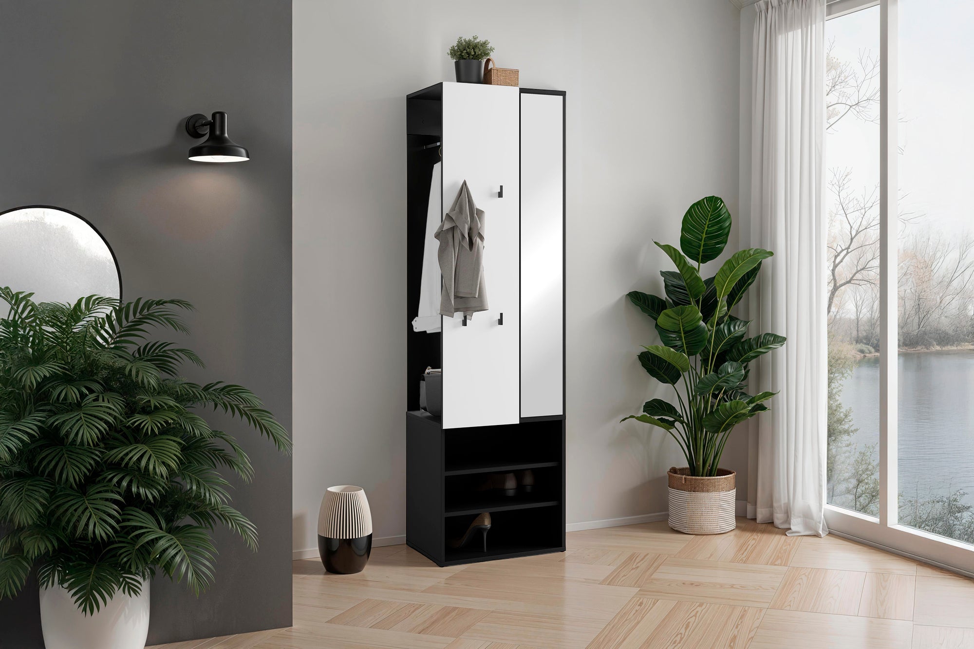 Kompaktgarderobe ANDORRA / Artisan Eiche (Eiche-Optik) oder weiß mit schwarz / Spiegel, Kleiderstange und Schuhfächer / Garderobenschrank / Flurgarderobe / Maße: B 55, H 187,5, T 40,5 cm