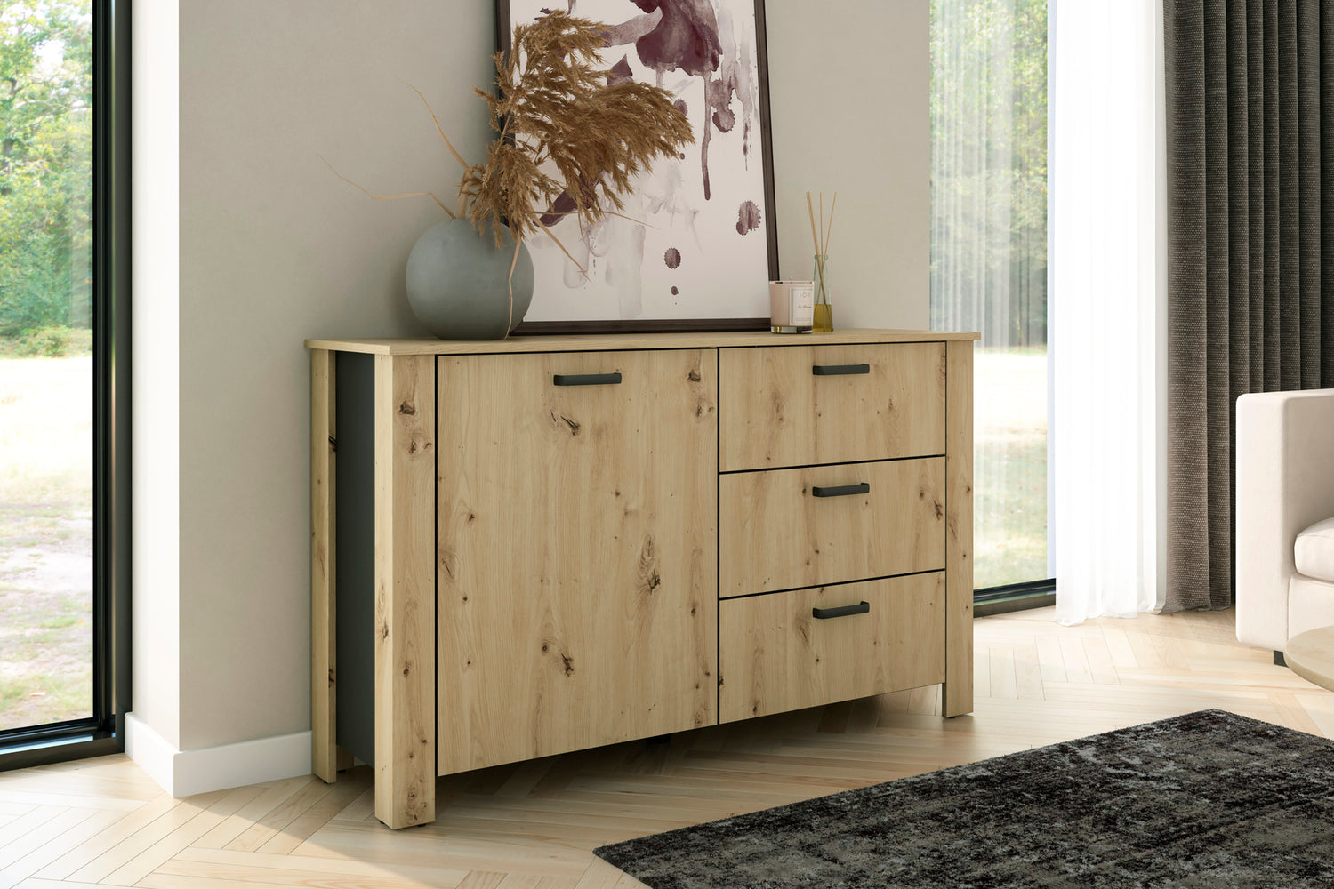 byLIVING Sideboard FARO / Artisan Eiche (Eiche-Optik) oder weiß, Absetzung in schwarz / 1 Tür und 3 Schubkästen / verstellbare Einlegeböden / viel Stauraum / Kommode / Anrichte / Maße: B 140, H 84, T 40 cm