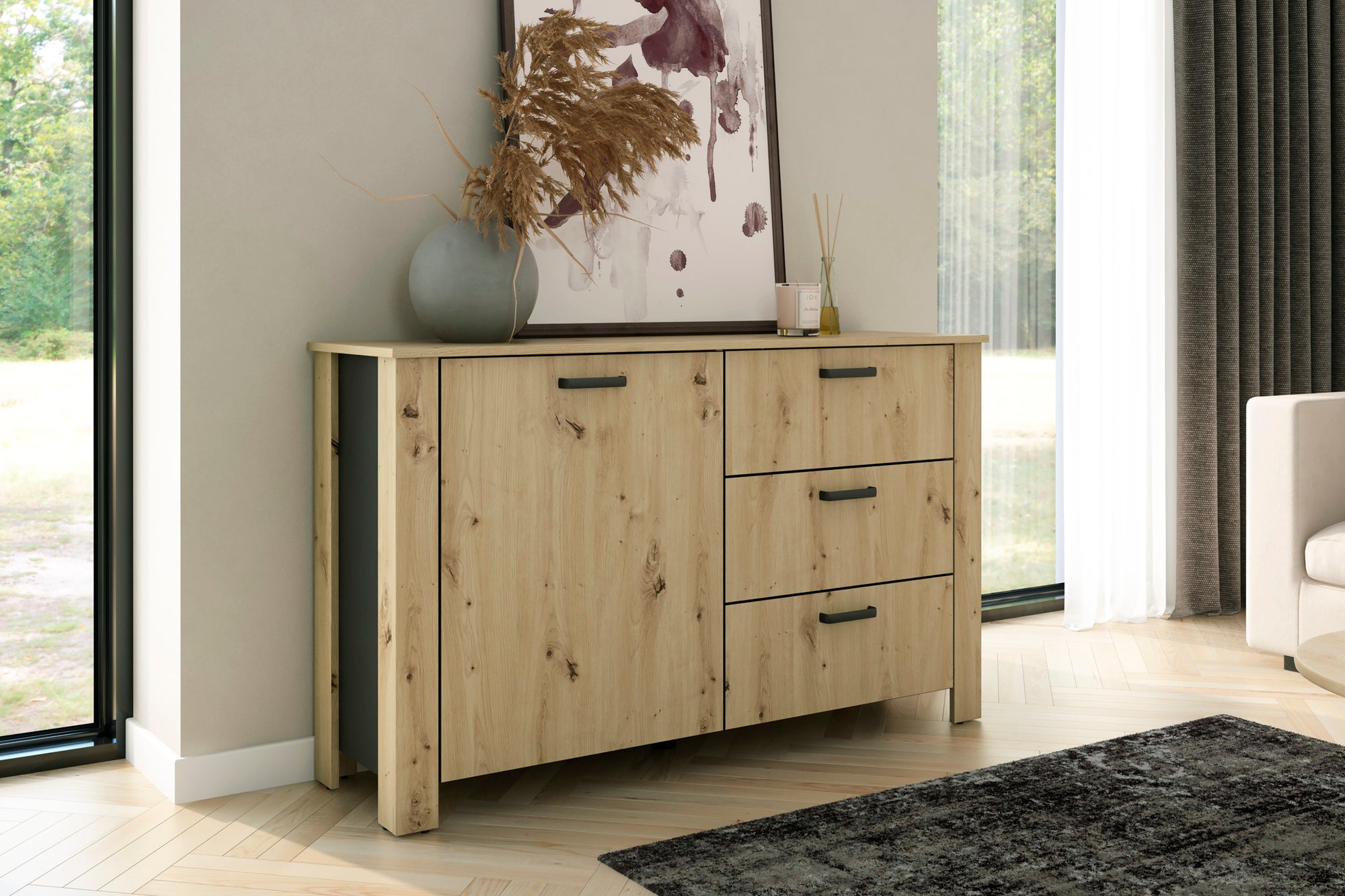 Sideboard FARO / Artisan Eiche (Eiche-Optik) oder weiß, Absetzung in schwarz / 1 Tür und 3 Schubkästen / verstellbare Einlegeböden / viel Stauraum / Kommode / Anrichte / Maße: B 140, H 84, T 40 cm
