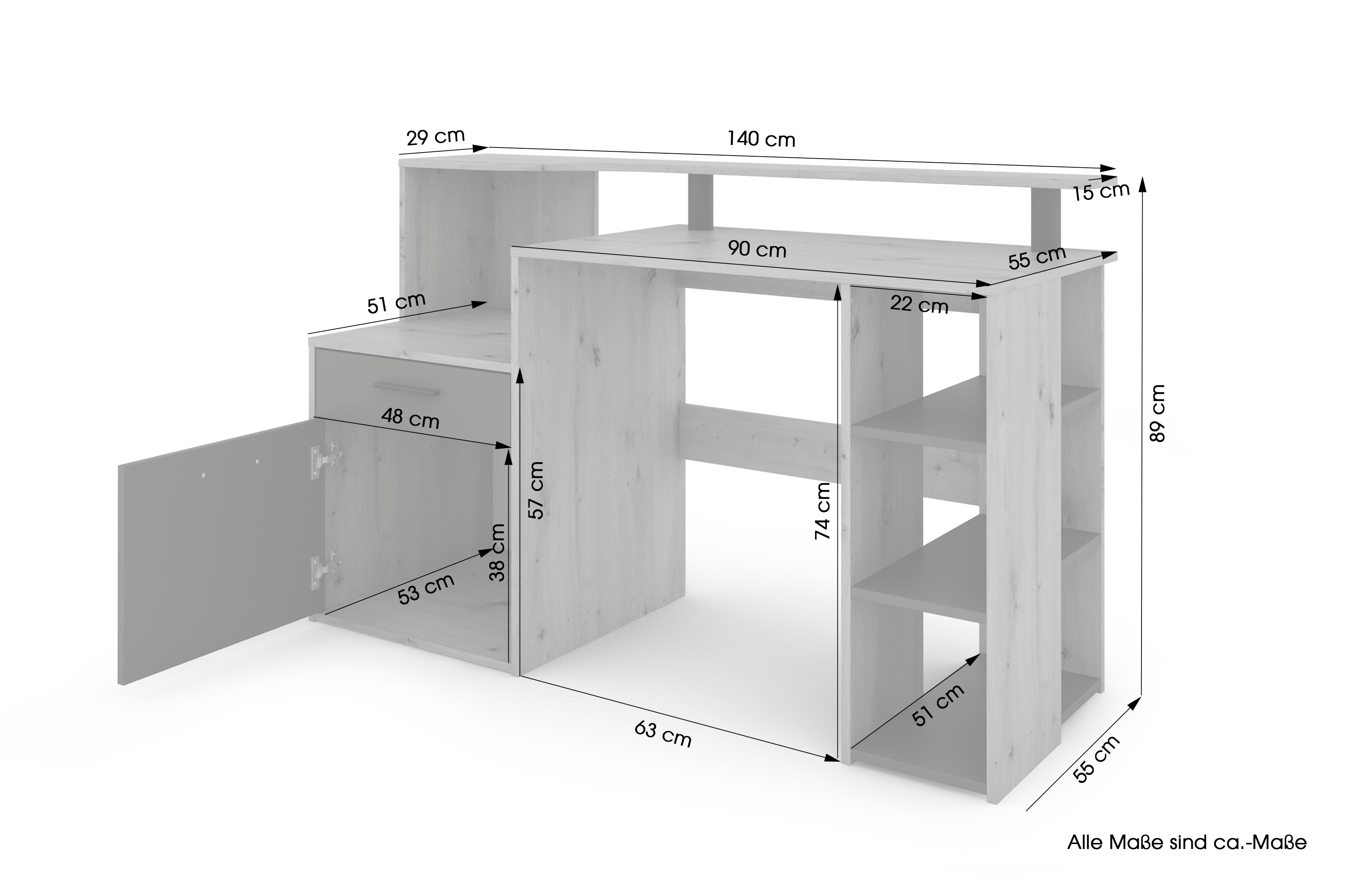 Schreibtisch LOUIS / Inkl. 1 Tür + 1 Schubkasten + 3 offenen Fächern / Weiß, Artisan Eiche (Eiche-Optik) oder Old Wood (Altholz-Optik) / Computertisch / XXL-Tisch / Arbeitstisch / Holztisch / Bürotisch / 140 x 89 x 55 cm (BxHxT)