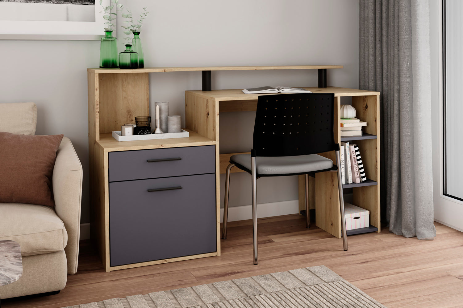 Schreibtisch LOUIS / Inkl. 1 Tür + 1 Schubkasten + 3 offenen Fächern / Weiß, Artisan Eiche (Eiche-Optik) oder Old Wood (Altholz-Optik) / Computertisch / XXL-Tisch / Arbeitstisch / Holztisch / Bürotisch / 140 x 89 x 55 cm (BxHxT)