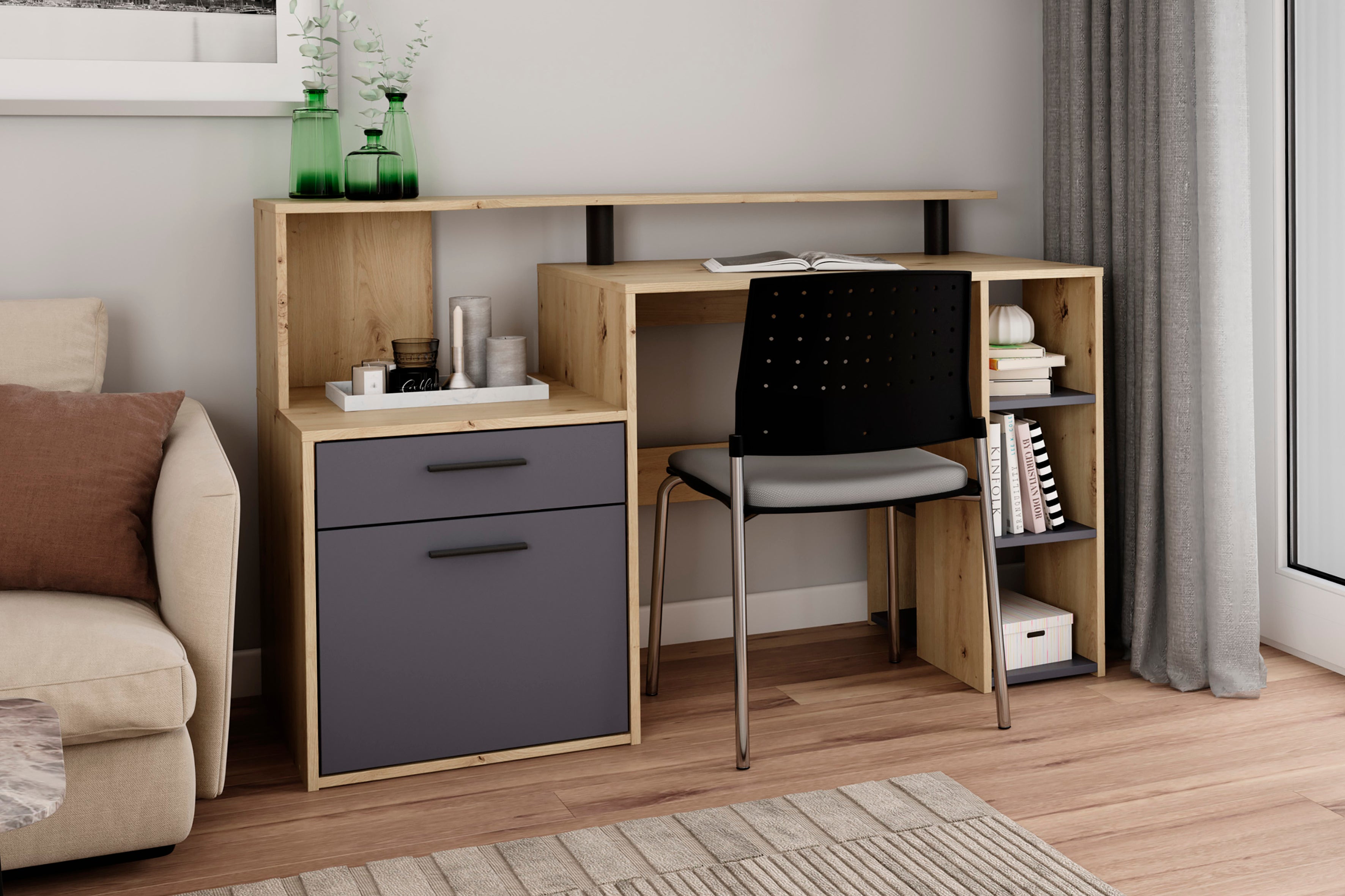 Schreibtisch LOUIS / Inkl. 1 Tür + 1 Schubkasten + 3 offenen Fächern / Weiß, Artisan Eiche (Eiche-Optik) oder Old Wood (Altholz-Optik) / Computertisch / XXL-Tisch / Arbeitstisch / Holztisch / Bürotisch / 140 x 89 x 55 cm (BxHxT)