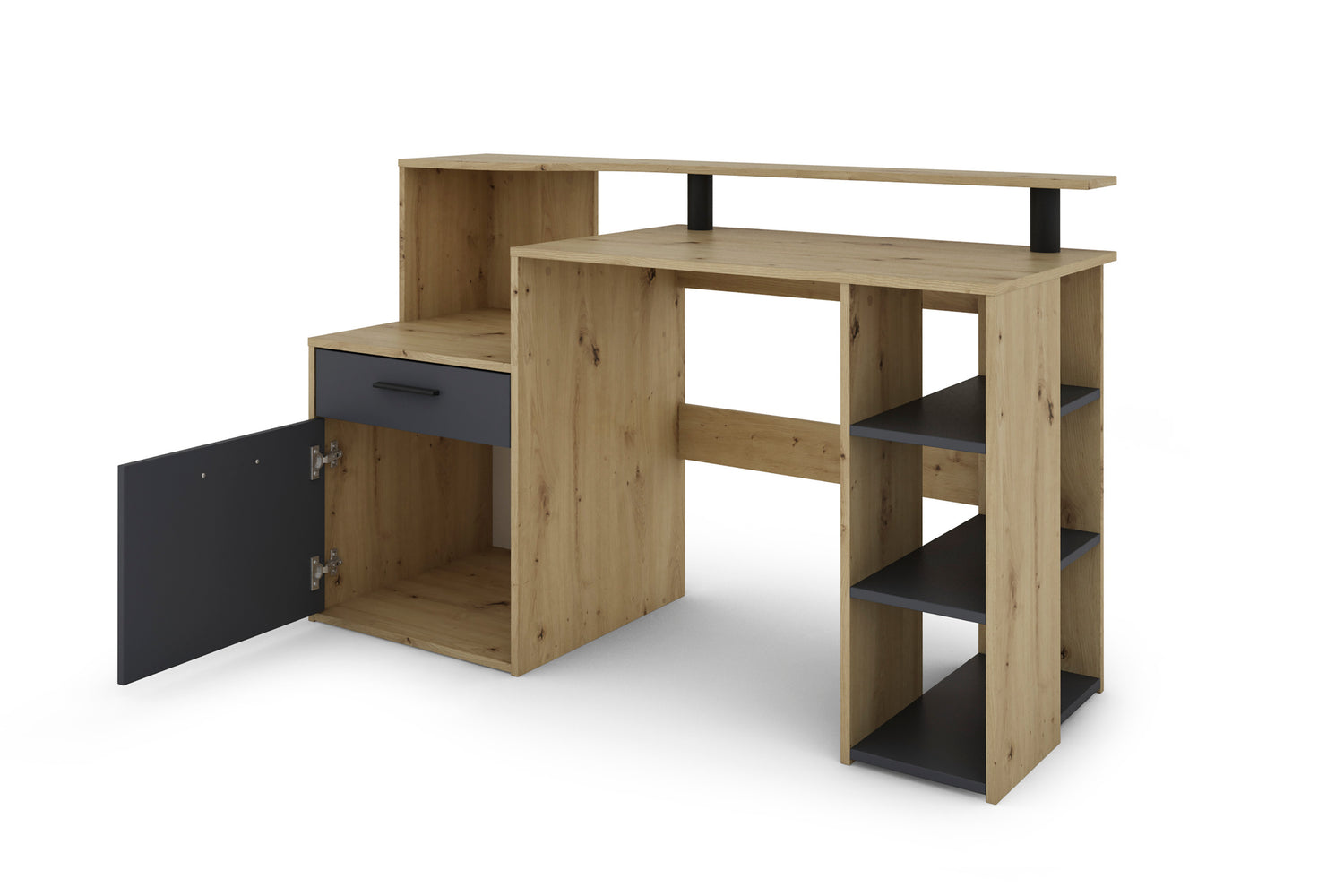 Schreibtisch LOUIS / Inkl. 1 Tür + 1 Schubkasten + 3 offenen Fächern / Weiß, Artisan Eiche (Eiche-Optik) oder Old Wood (Altholz-Optik) / Computertisch / XXL-Tisch / Arbeitstisch / Holztisch / Bürotisch / 140 x 89 x 55 cm (BxHxT)