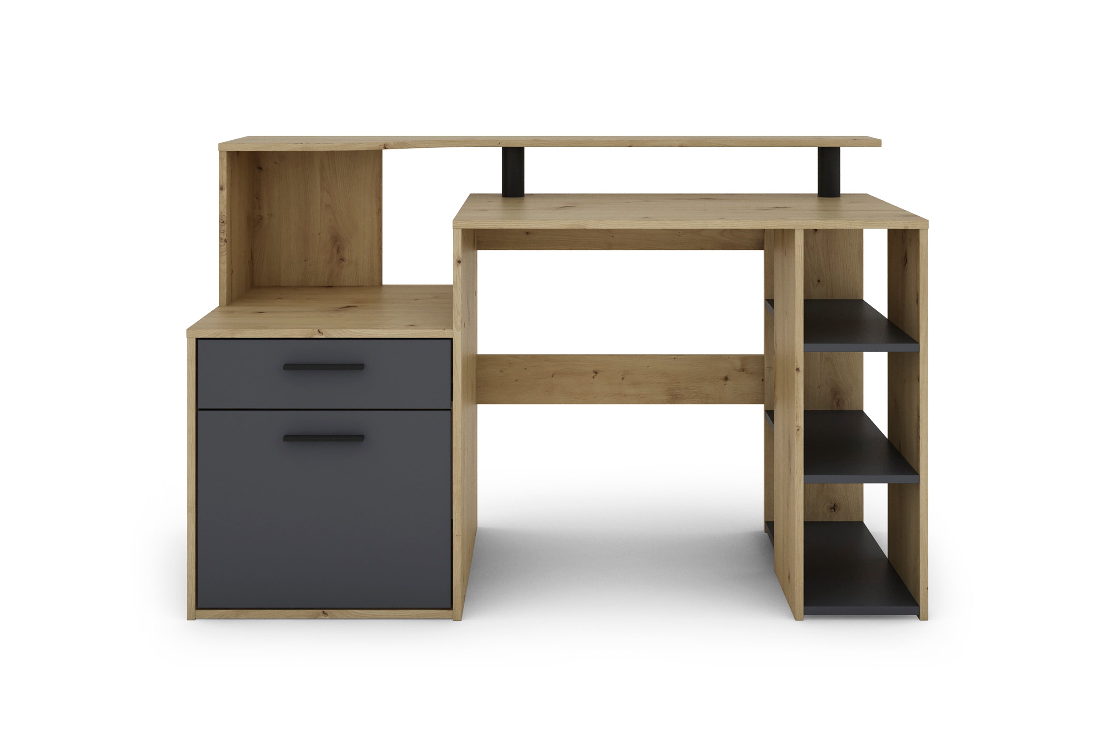 Schreibtisch LOUIS / Inkl. 1 Tür + 1 Schubkasten + 3 offenen Fächern / Weiß, Artisan Eiche (Eiche-Optik) oder Old Wood (Altholz-Optik) / Computertisch / XXL-Tisch / Arbeitstisch / Holztisch / Bürotisch / 140 x 89 x 55 cm (BxHxT)