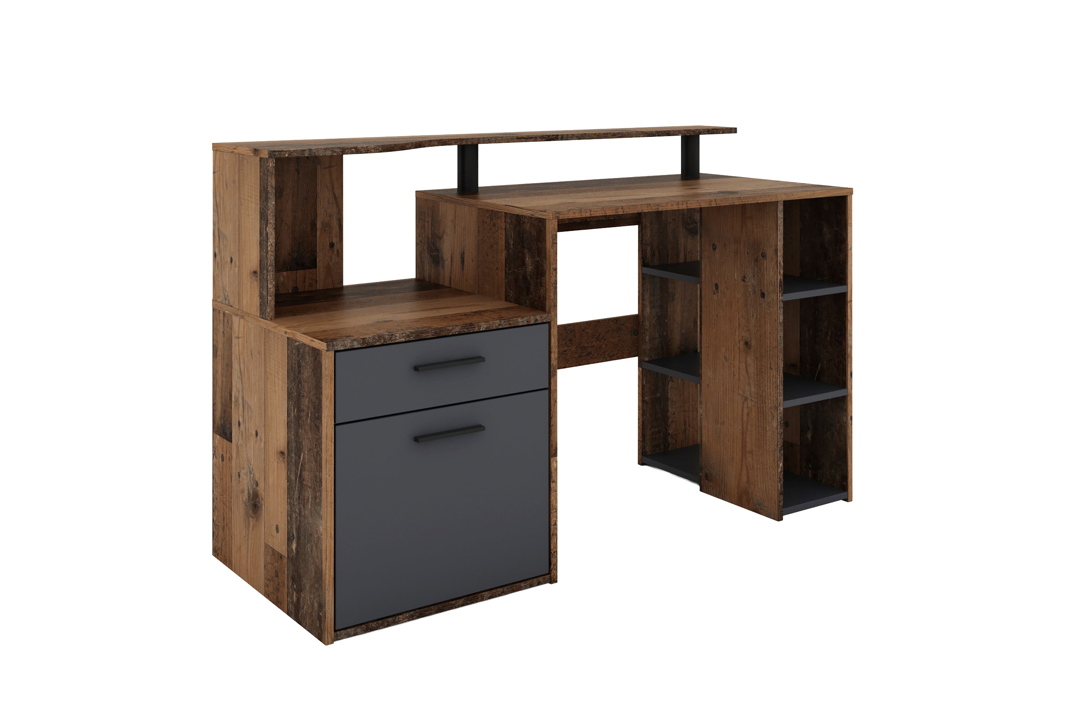 Schreibtisch LOUIS / Inkl. 1 Tür + 1 Schubkasten + 3 offenen Fächern / Weiß, Artisan Eiche (Eiche-Optik) oder Old Wood (Altholz-Optik) / Computertisch / XXL-Tisch / Arbeitstisch / Holztisch / Bürotisch / 140 x 89 x 55 cm (BxHxT)