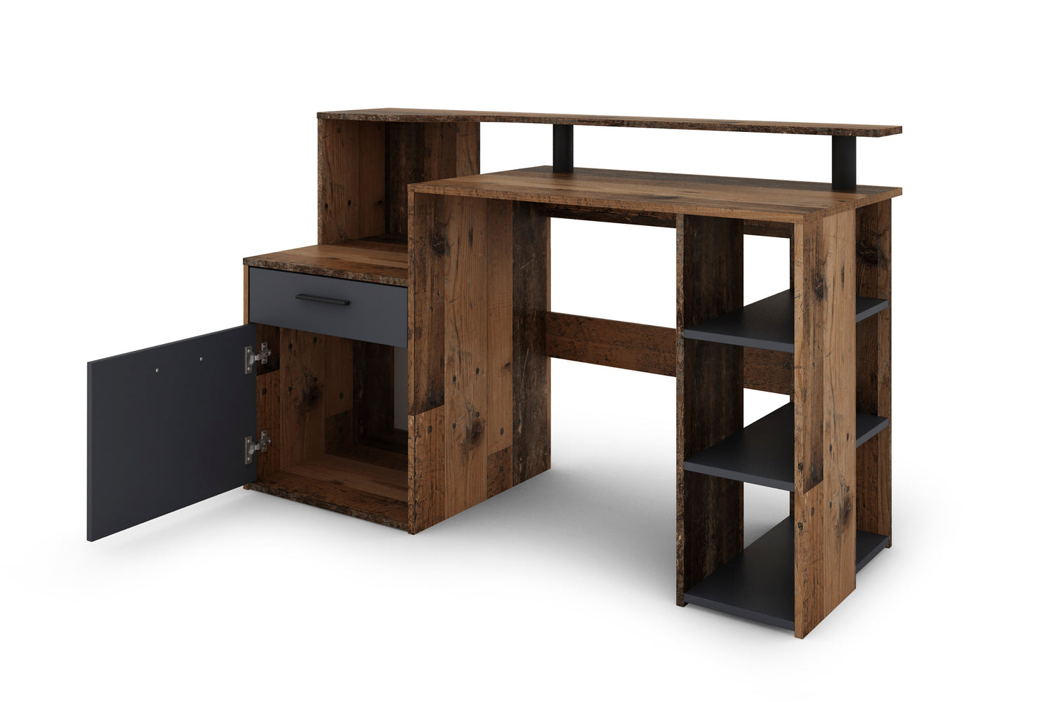 Schreibtisch LOUIS / Inkl. 1 Tür + 1 Schubkasten + 3 offenen Fächern / Weiß, Artisan Eiche (Eiche-Optik) oder Old Wood (Altholz-Optik) / Computertisch / XXL-Tisch / Arbeitstisch / Holztisch / Bürotisch / 140 x 89 x 55 cm (BxHxT)