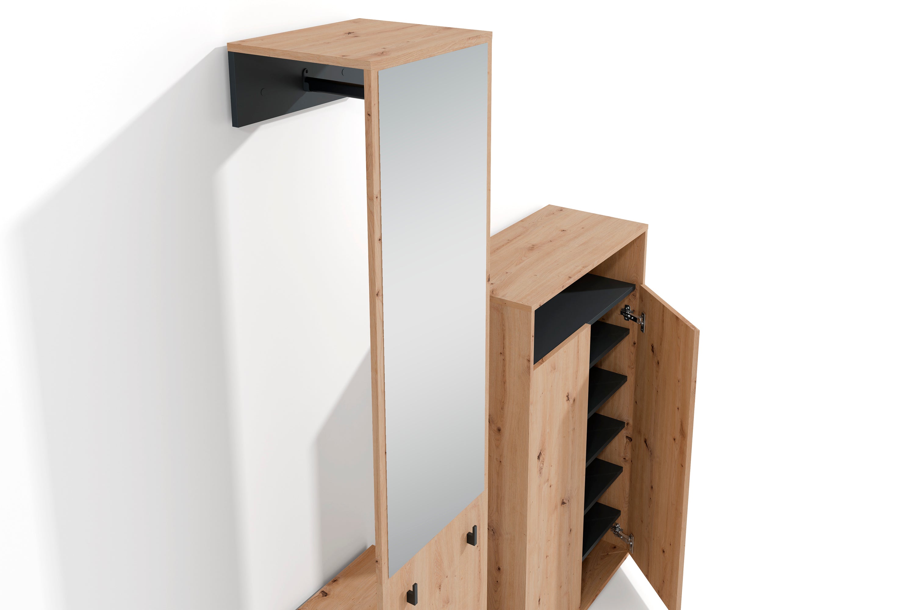 Garderoben-Set LYON / Melamin Weiß oder Artisan Eiche kombiniert mit Schwarz / Hochschrank mit Spiegel / Schuhschrank / B 40, H 185, T 35 cm, B 70, H 115, T 33,5 cm