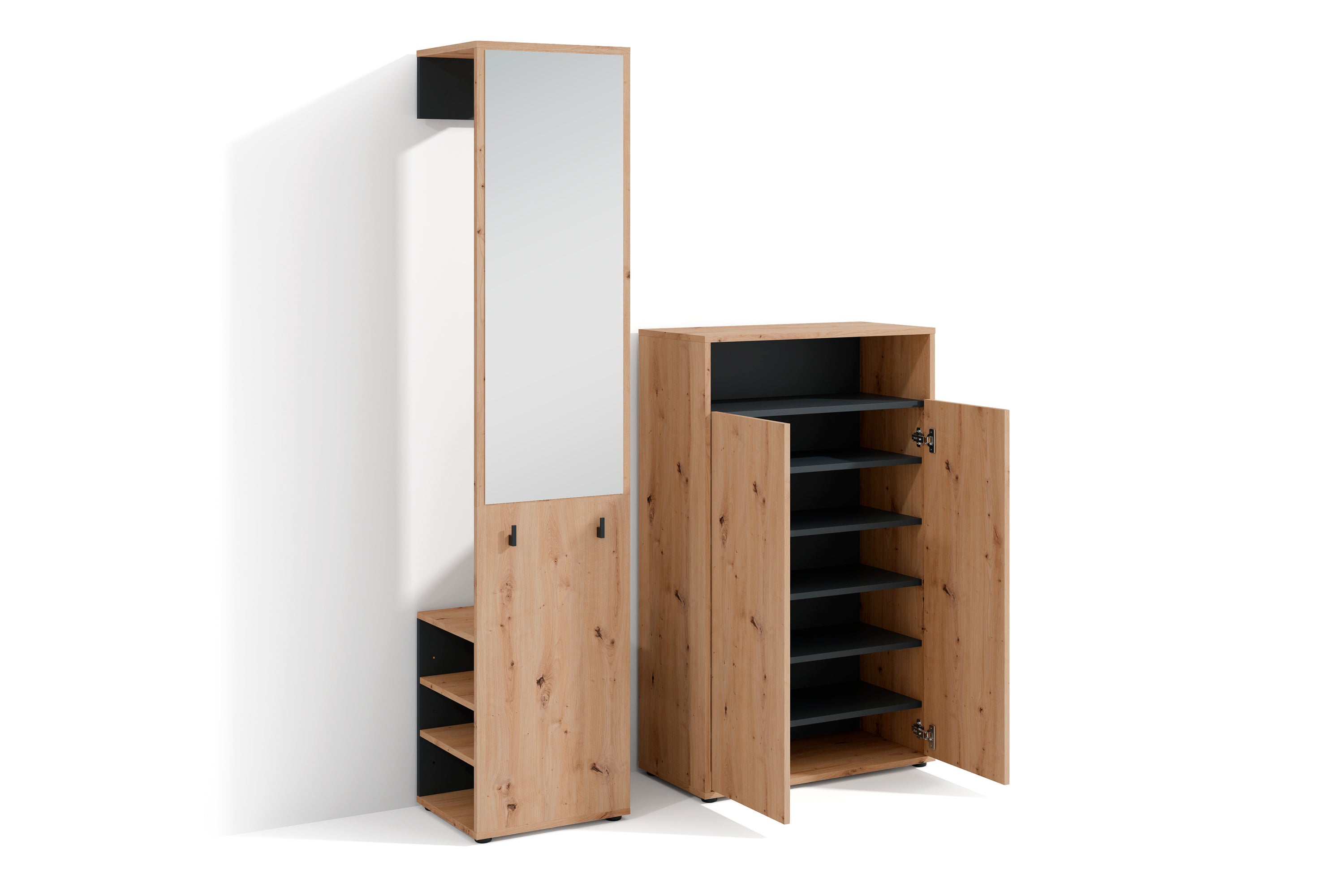 Garderoben-Set LYON / Melamin Weiß oder Artisan Eiche kombiniert mit Schwarz / Hochschrank mit Spiegel / Schuhschrank / B 40, H 185, T 35 cm, B 70, H 115, T 33,5 cm