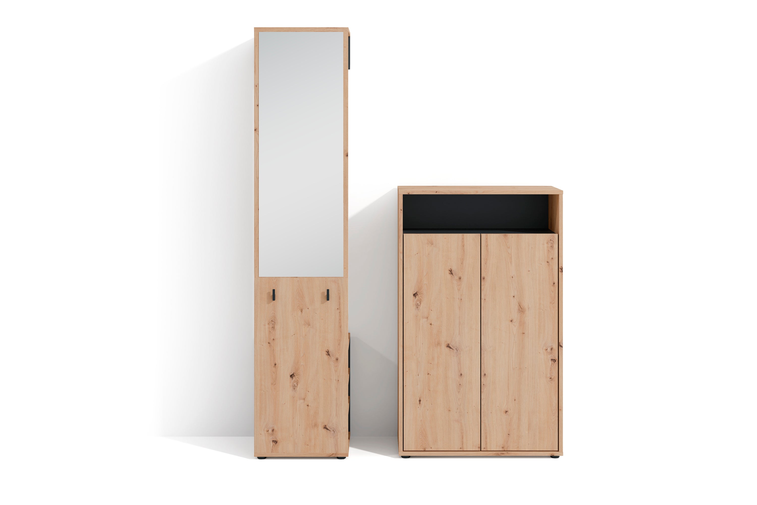 Garderoben-Set LYON / Melamin Weiß oder Artisan Eiche kombiniert mit Schwarz / Hochschrank mit Spiegel / Schuhschrank / B 40, H 185, T 35 cm, B 70, H 115, T 33,5 cm