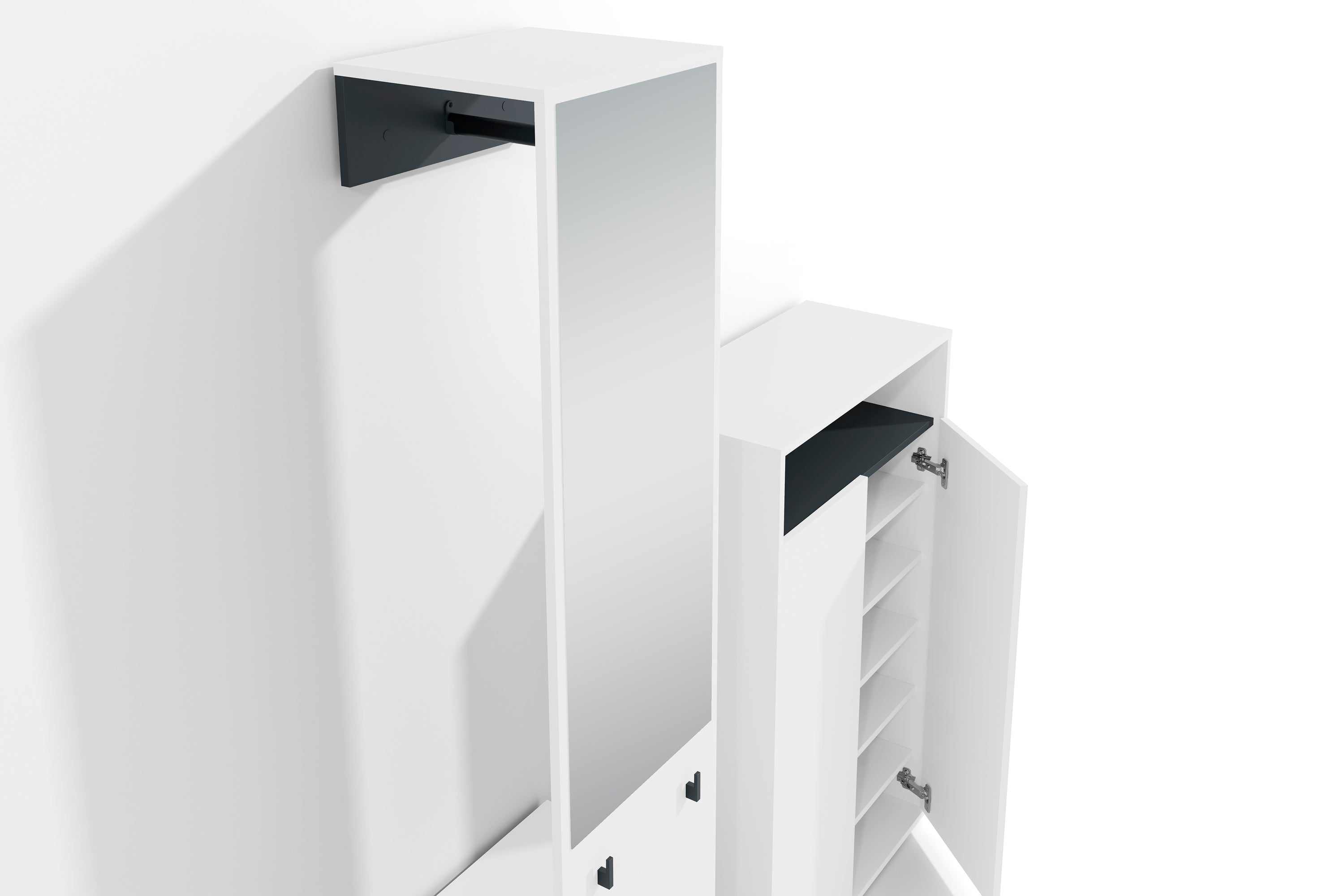 Garderoben-Set LYON / Melamin Weiß oder Artisan Eiche kombiniert mit Schwarz / Hochschrank mit Spiegel / Schuhschrank / B 40, H 185, T 35 cm, B 70, H 115, T 33,5 cm