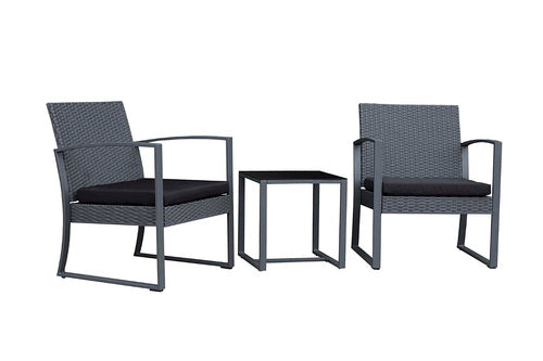 byLIVING Garten-Sitzgruppe MINOA / Metall grau lackiert / Geflecht grau / Webstoff schwarz / Sessel (2x): 59 x 63 x 73 cm, Couchtisch: 40 x 40 x 41 cm