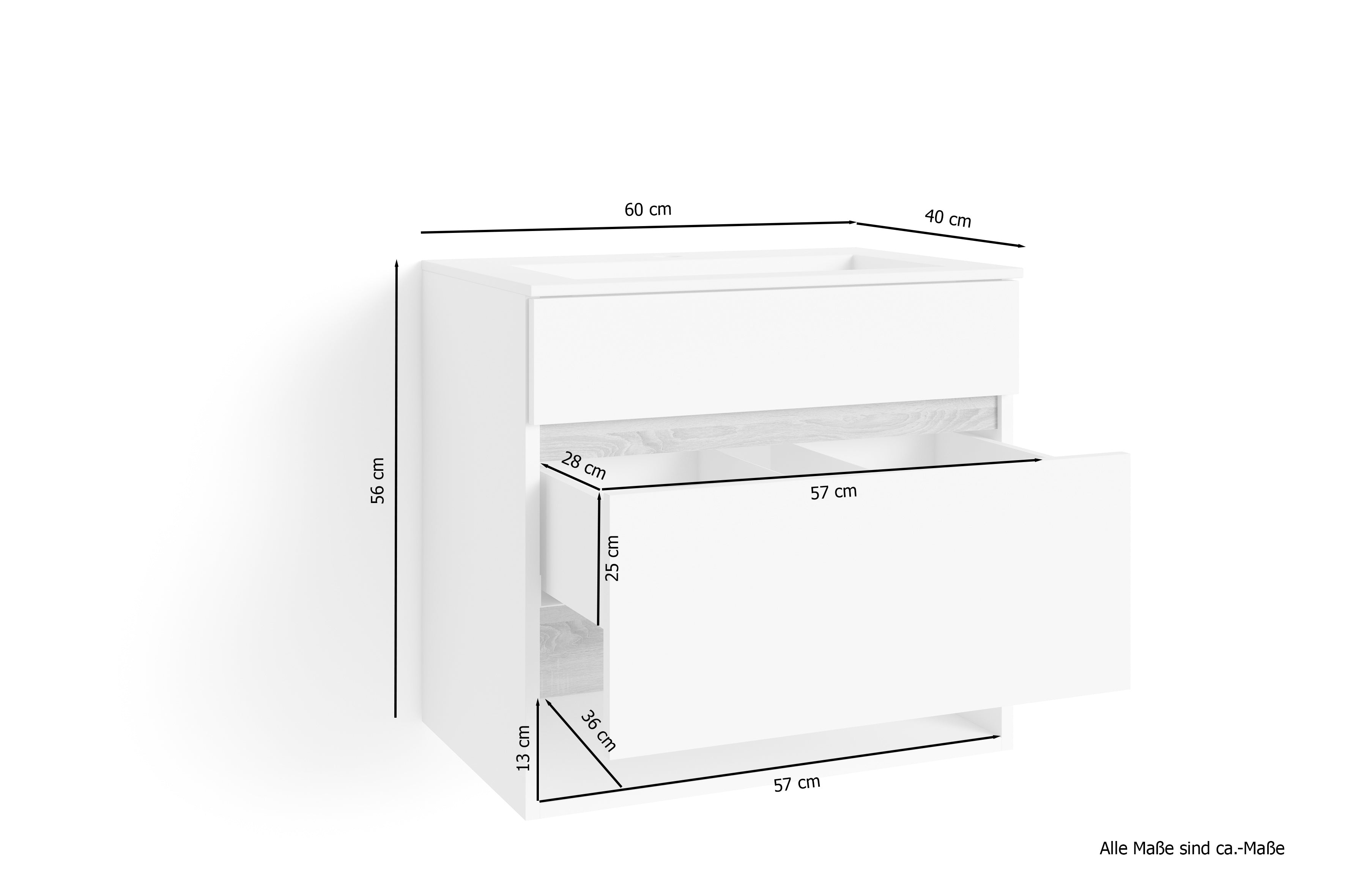 Waschtisch Marino / Waschbecken-unterschrank hängend, in schnee-weiß matt mit Absetzung in Sonoma Eiche / mit einer Schublade und einem offenen Fach / B 80, H 56, T 40 cm