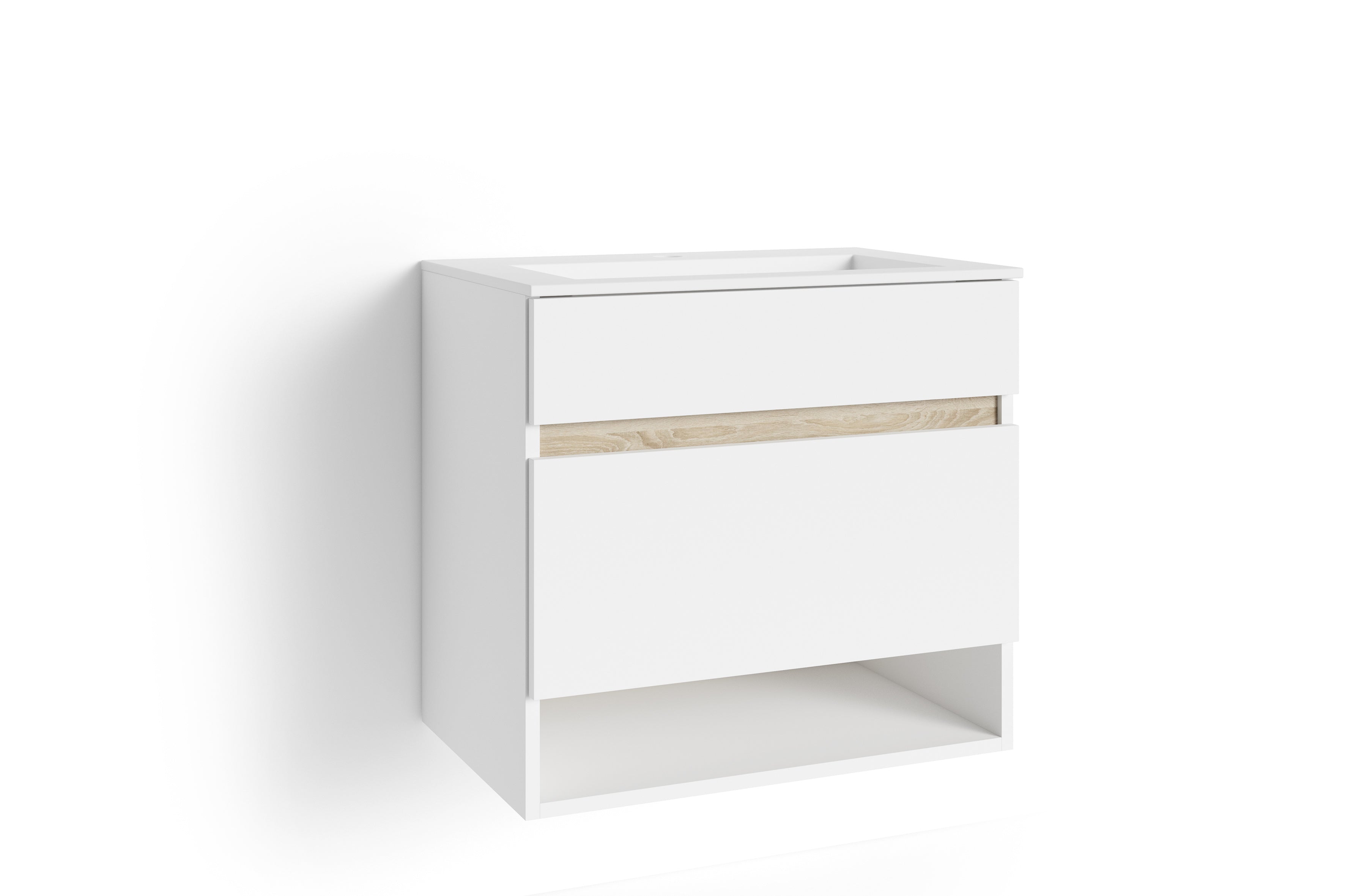 Waschtisch Marino / Waschbecken-unterschrank hängend, in schnee-weiß matt mit Absetzung in Sonoma Eiche / mit einer Schublade und einem offenen Fach / B 80, H 56, T 40 cm
