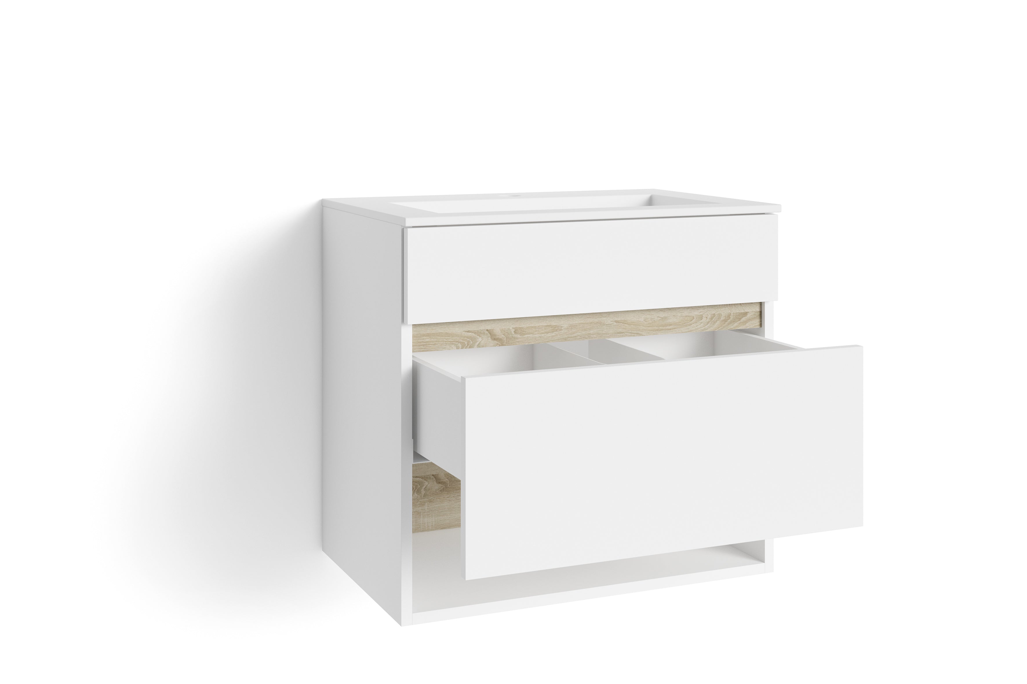 Waschtisch Marino / Waschbecken-unterschrank hängend, in schnee-weiß matt mit Absetzung in Sonoma Eiche / mit einer Schublade und einem offenen Fach / B 80, H 56, T 40 cm