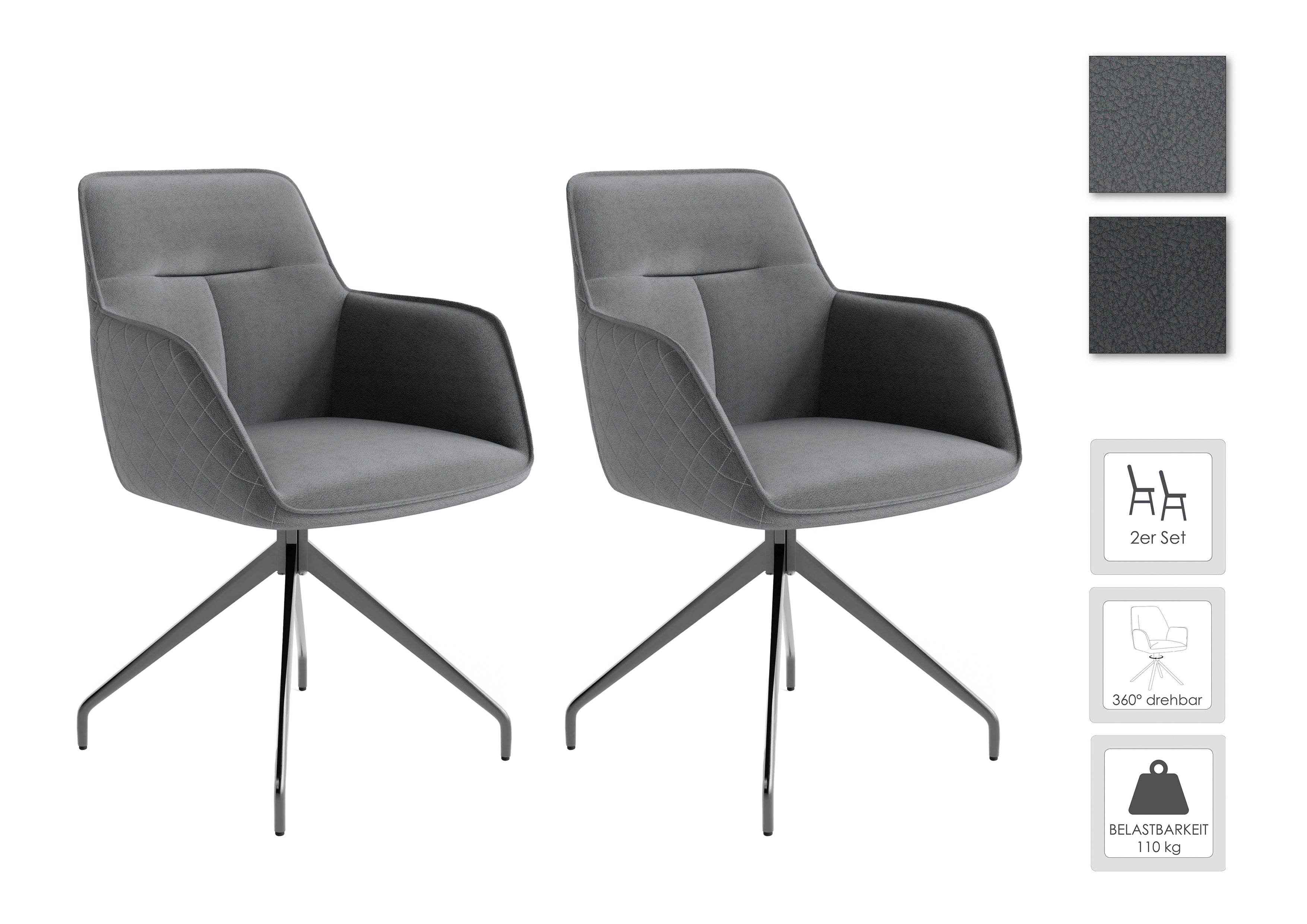 Esszimmerstuhl 2er Set MEMPHIS / Vintage-Kunstleder anthrazit oder grau / mit Keder / Gestell Metall schwarz / Sitzschale 360° drehbar / Esszimmerstuhl / B 50, H 88, T 62 cm