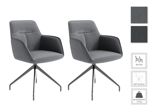 Esszimmerstuhl 2er Set MEMPHIS / Vintage-Kunstleder anthrazit oder grau / mit Keder / Gestell Metall schwarz / Sitzschale 360° drehbar / Esszimmerstuhl / B 50, H 88, T 62 cm