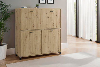 Sekretär MONTANA / Sekretär matt weiß oder Artisan Eiche (Eiche-Optik) / Office-Schrank mit 1 Klappe und 2 Türen / schwarze Griffe / B 120, H 127, T 40 cm