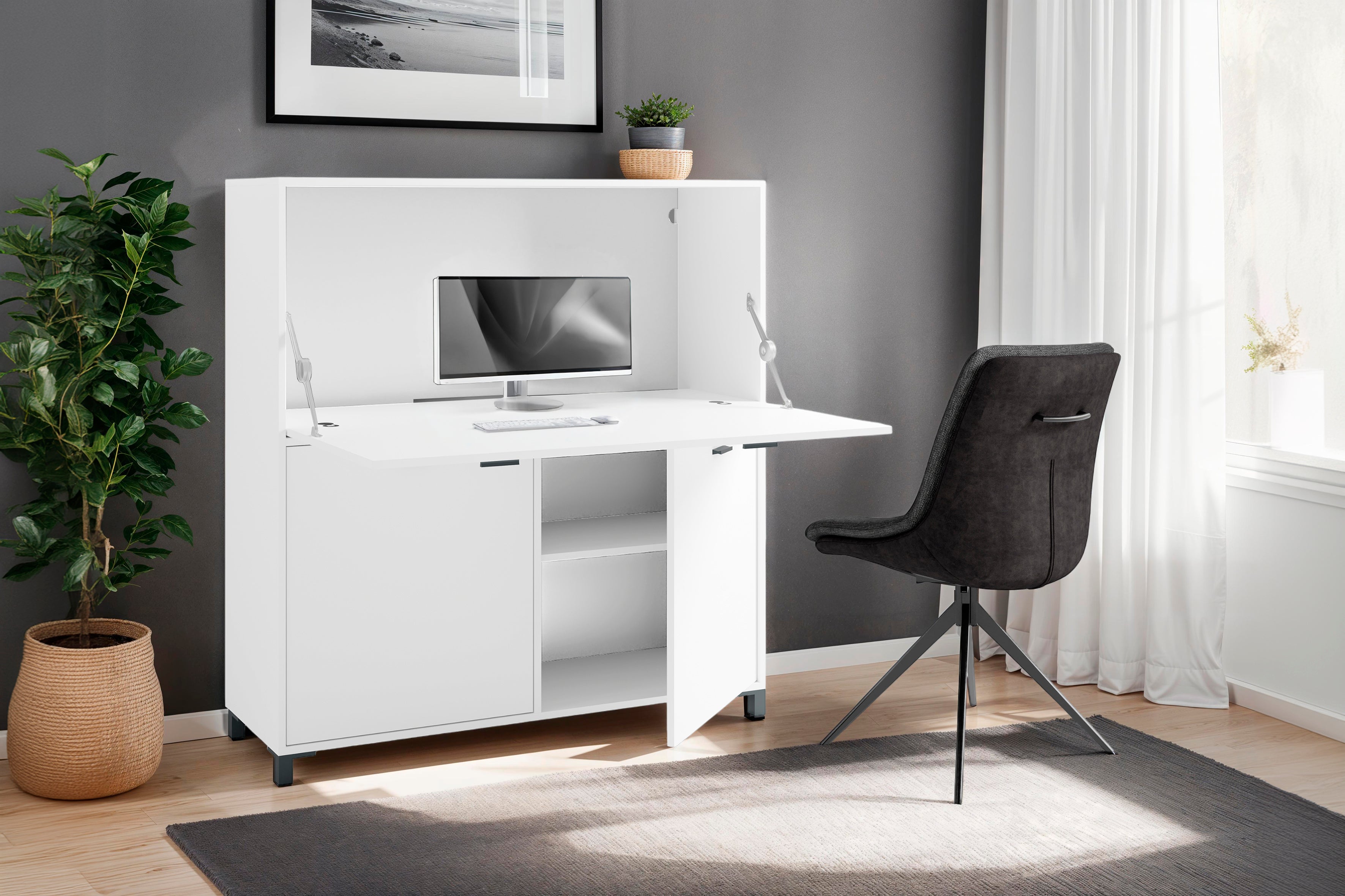 Sekretär MONTANA / Sekretär matt weiß / Office-Schrank mit 1 Klappe und 2 Türen / schwarze Griffe / B 120, H 127, T 40 cm