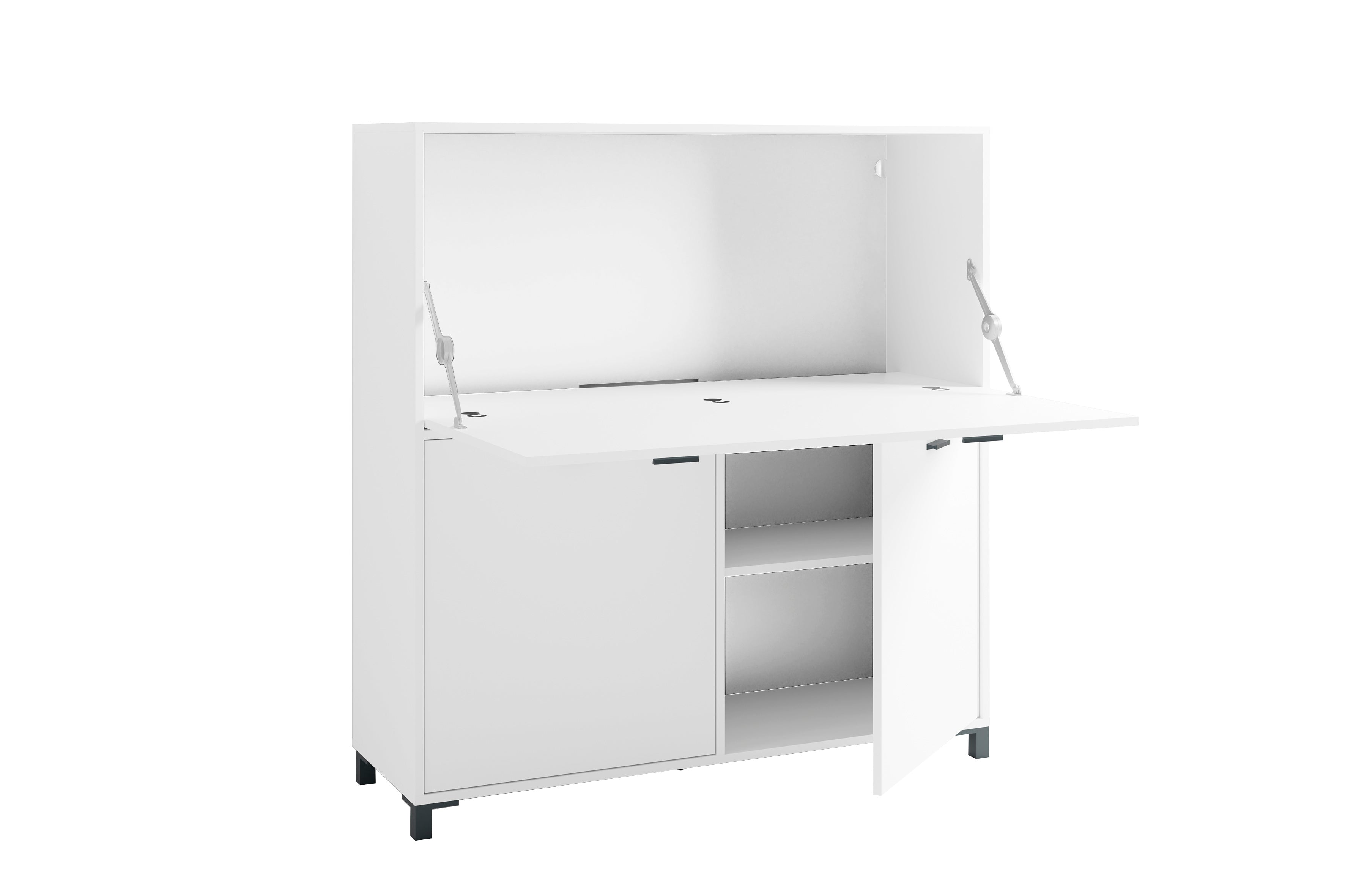 Sekretär MONTANA / Sekretär matt weiß / Office-Schrank mit 1 Klappe und 2 Türen / schwarze Griffe / B 120, H 127, T 40 cm