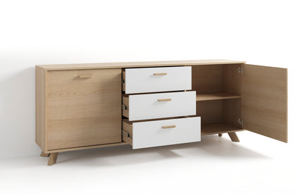 byLIVING Sideboard BASTIAN / Eiche bianco, weiß / Griffe und Füße Massivholz Eiche / 3 Schubkästen und 2 Türen / viel Stauraum / Kommode / Anrichte / Maße: B 180, H 72,5, T 36,5 cm