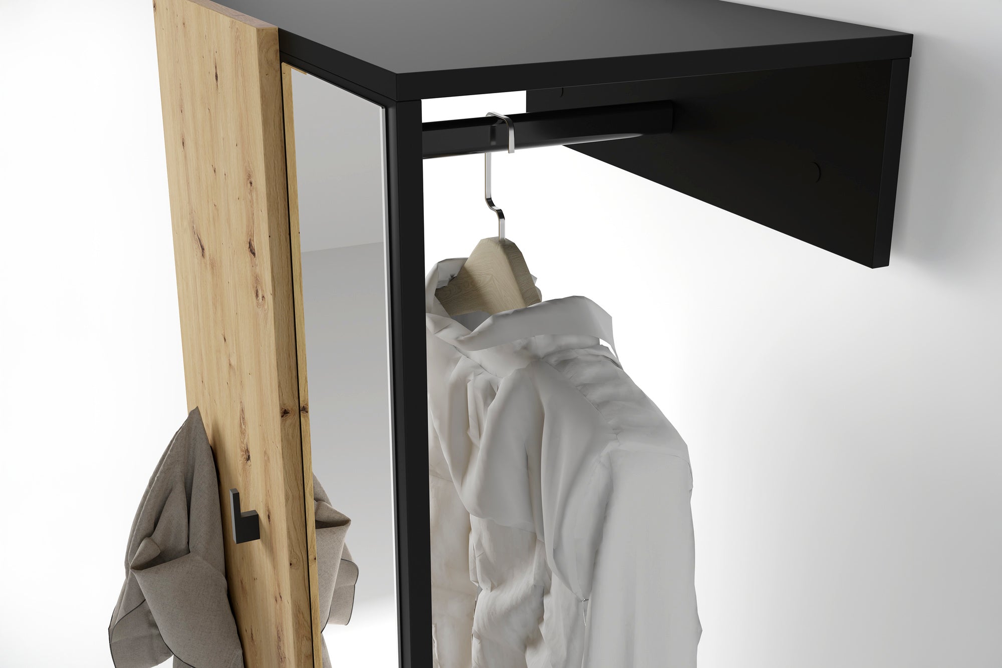 Kompaktgarderobe ANDORRA / Artisan Eiche (Eiche-Optik) oder weiß mit schwarz / Spiegel, Kleiderstange und Schuhfächer / Garderobenschrank / Flurgarderobe / Maße: B 55, H 187,5, T 40,5 cm