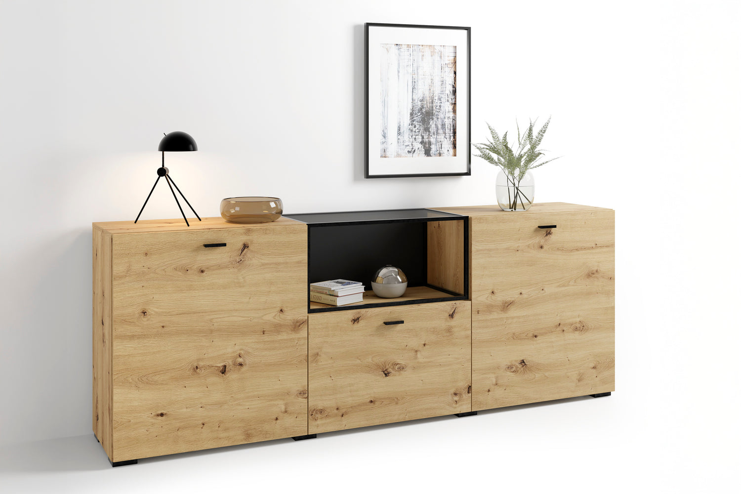 byLIVING Sideboard FRAME / Artisan Eiche (Eiche-Optik) / Fach mit Metallrahmen und Glasablage, verstellbare Böden / Anrichte / Kommode / Maße: B 200, H 75,5, T 37,5 cm