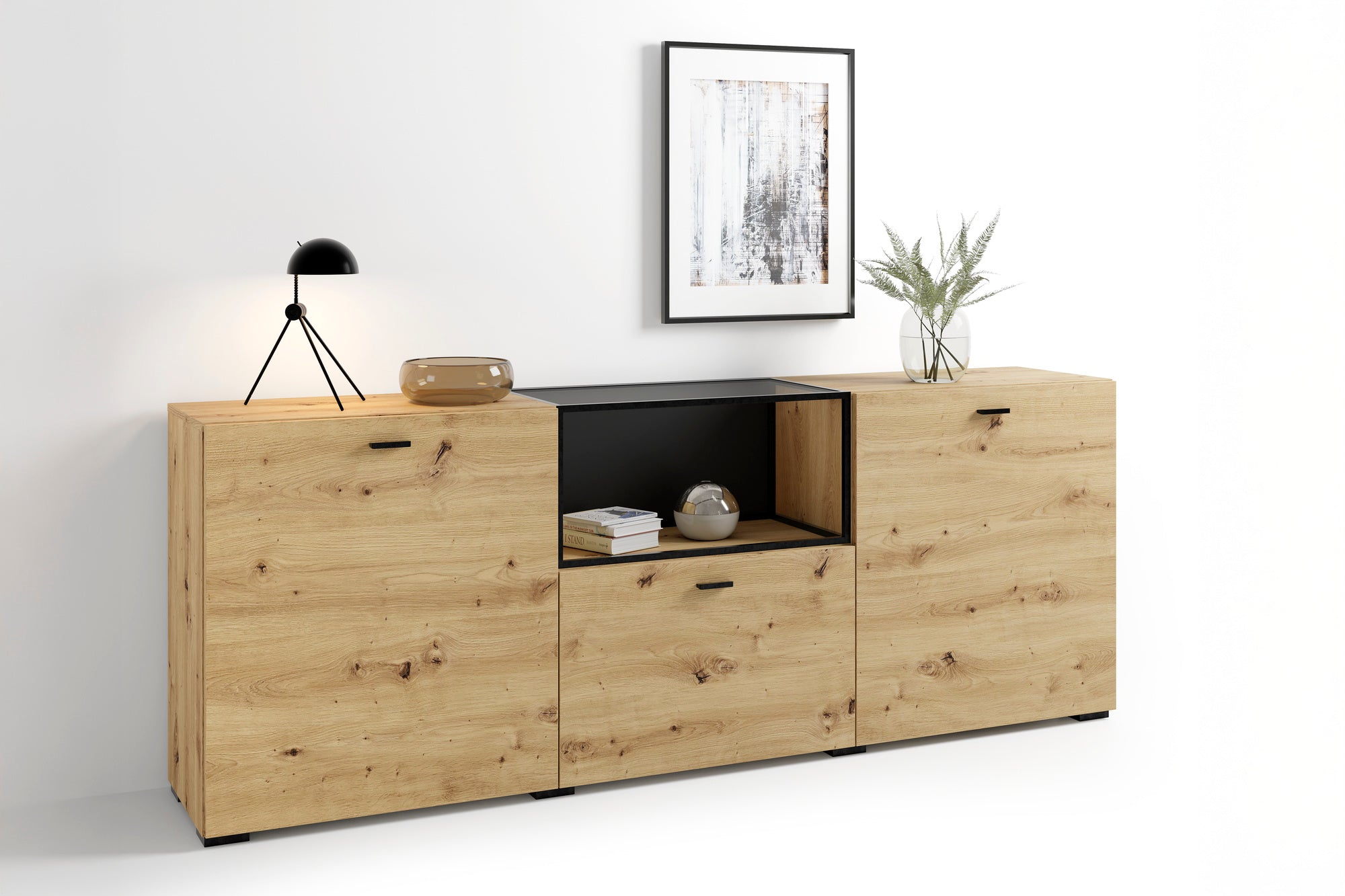 byLIVING Sideboard FRAME / Artisan Eiche (Eiche-Optik) / Fach mit Metallrahmen und Glasablage, verstellbare Böden / Anrichte / Kommode / Maße: B 200, H 75,5, T 37,5 cm