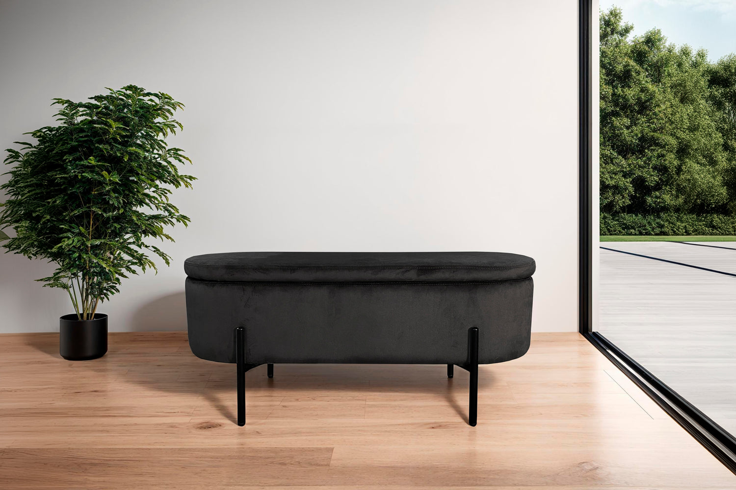 Bank NOVA / Samt dunkelgrün, grau oder schwarz / Metall schwarz pulverbeschichtet / Polsterbank mit Stauraum / B 95, H 42, T 37,5 cm
