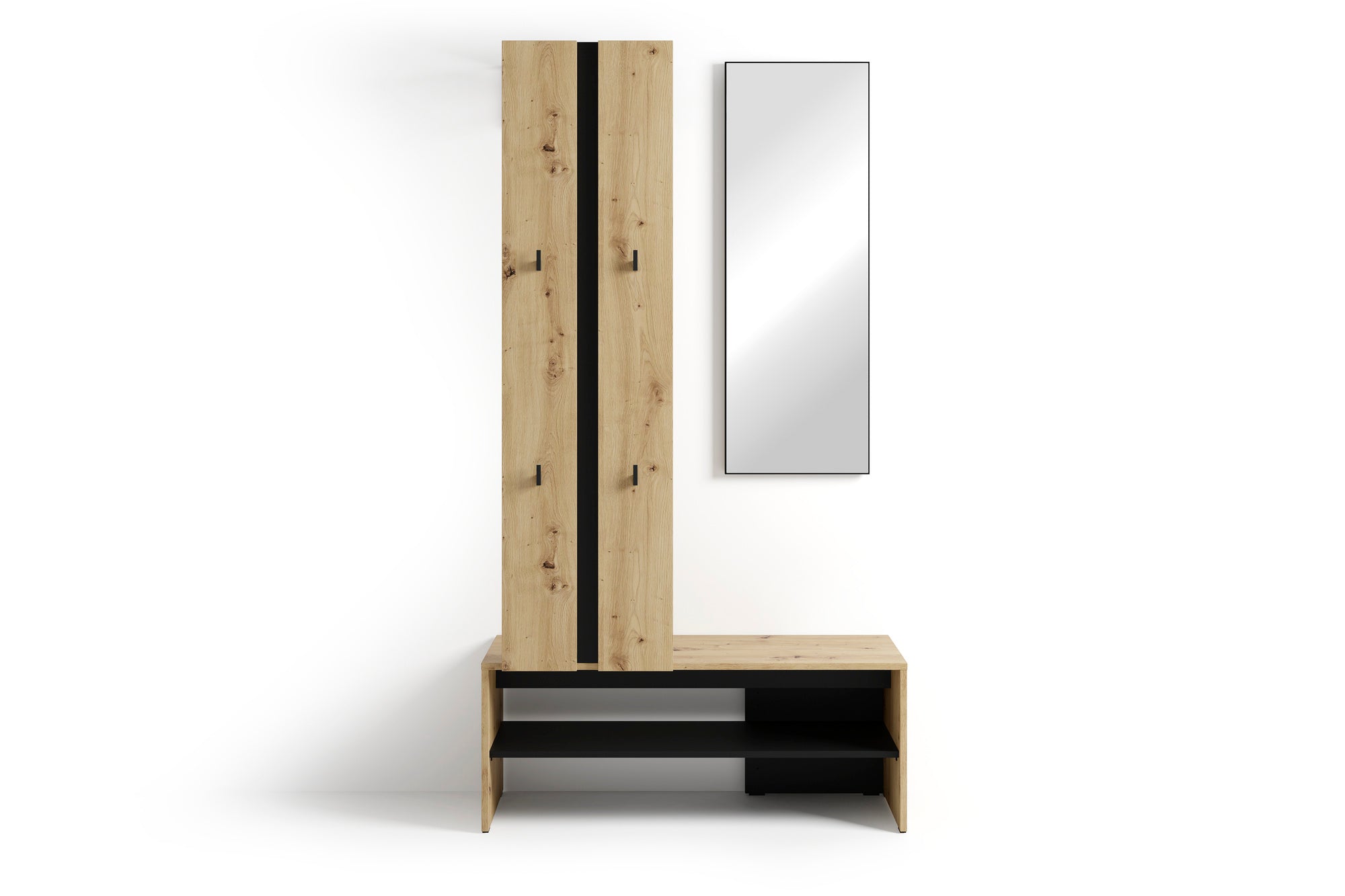 Kompaktgarderobe NANTE / Artisan Eiche (Eiche-Optik) oder weiß, Absetzung in schwarz / Spiegel, Kleiderstange, offene Fächer / Garderobenmöbel / Flurgarderobe / Maße: B 100, H 186, T 40 cm