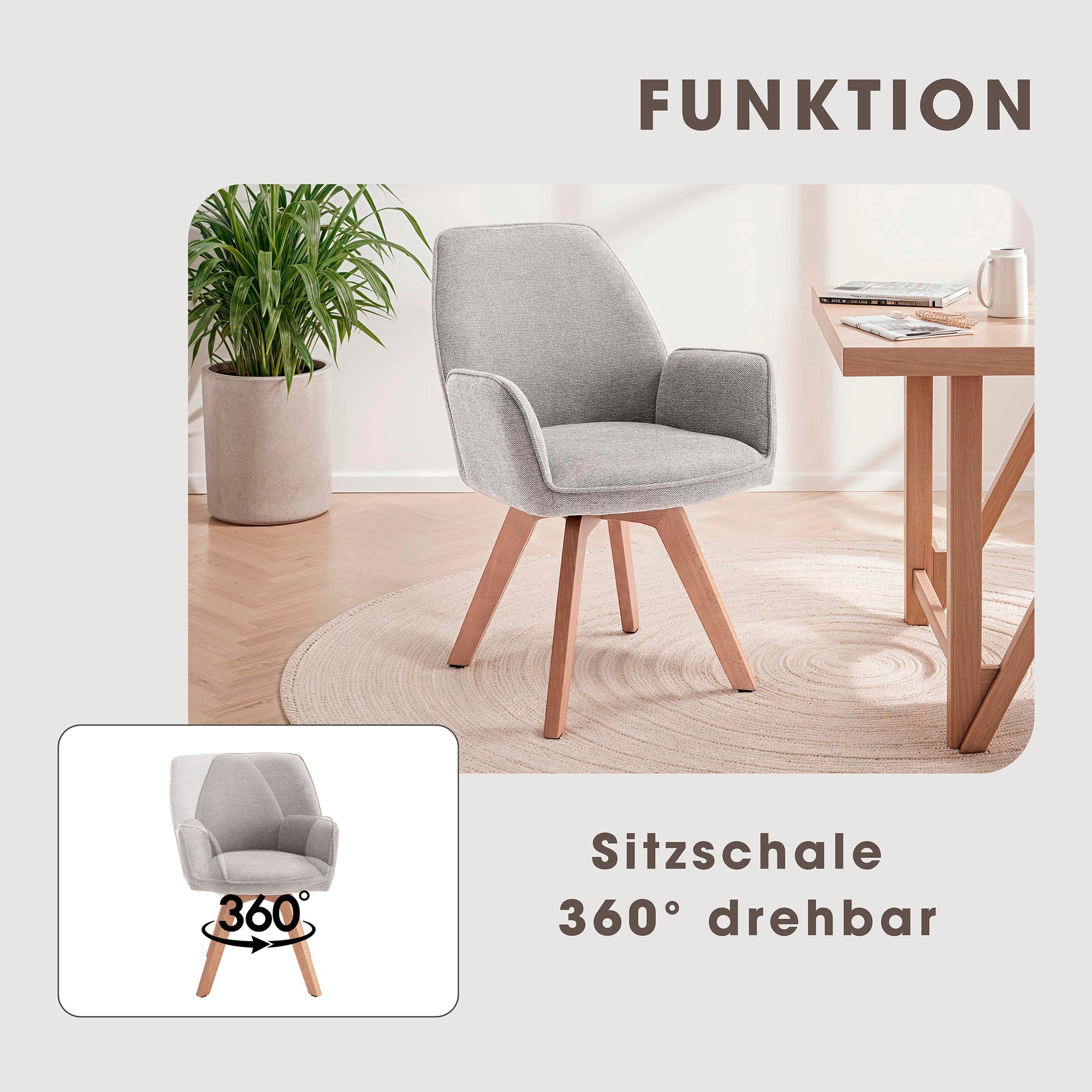 byLIVING Esszimmerstuhl 2er Set TONY / Webstoff hellgrau oder anthrazit / Gestell Buche natur in Eiche-Optik / Sitzschale 360° drehbar / Küchenstuhl / Wohnzimmerstuhl / B 57, H 89, T 61 cm
