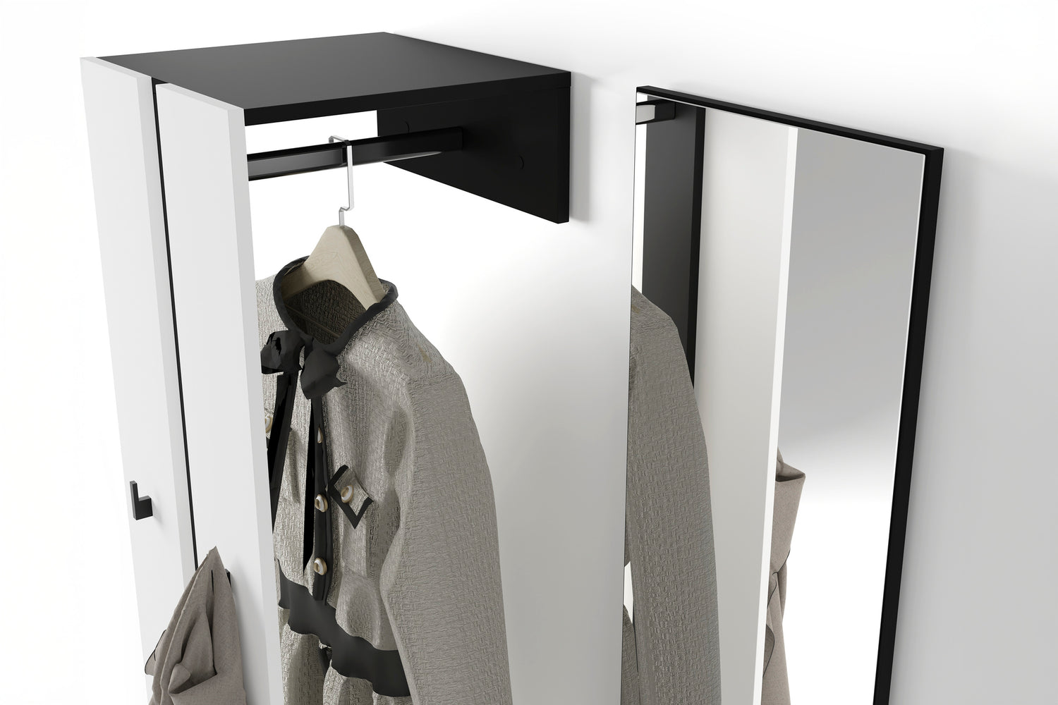 byLIVING Kompaktgarderobe NANTE / Artisan Eiche (Eiche-Optik) oder weiß, Absetzung in schwarz / Spiegel, Kleiderstange, offene Fächer / Garderobenmöbel / Flurgarderobe / Maße: B 100, H 186, T 40 cm