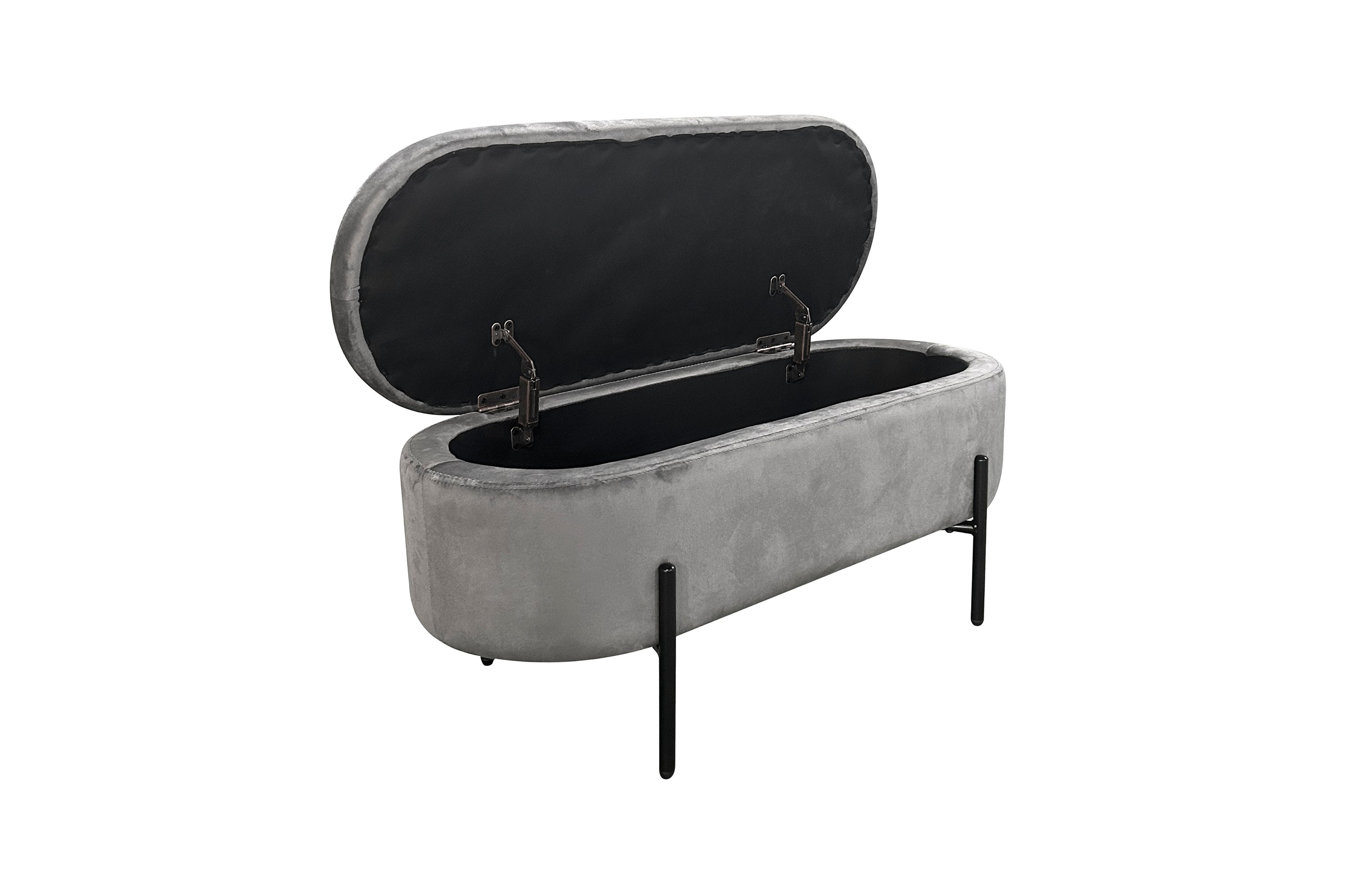 Bank NOVA / Samt dunkelgrün, grau oder schwarz / Metall schwarz pulverbeschichtet / Polsterbank mit Stauraum / B 95, H 42, T 37,5 cm