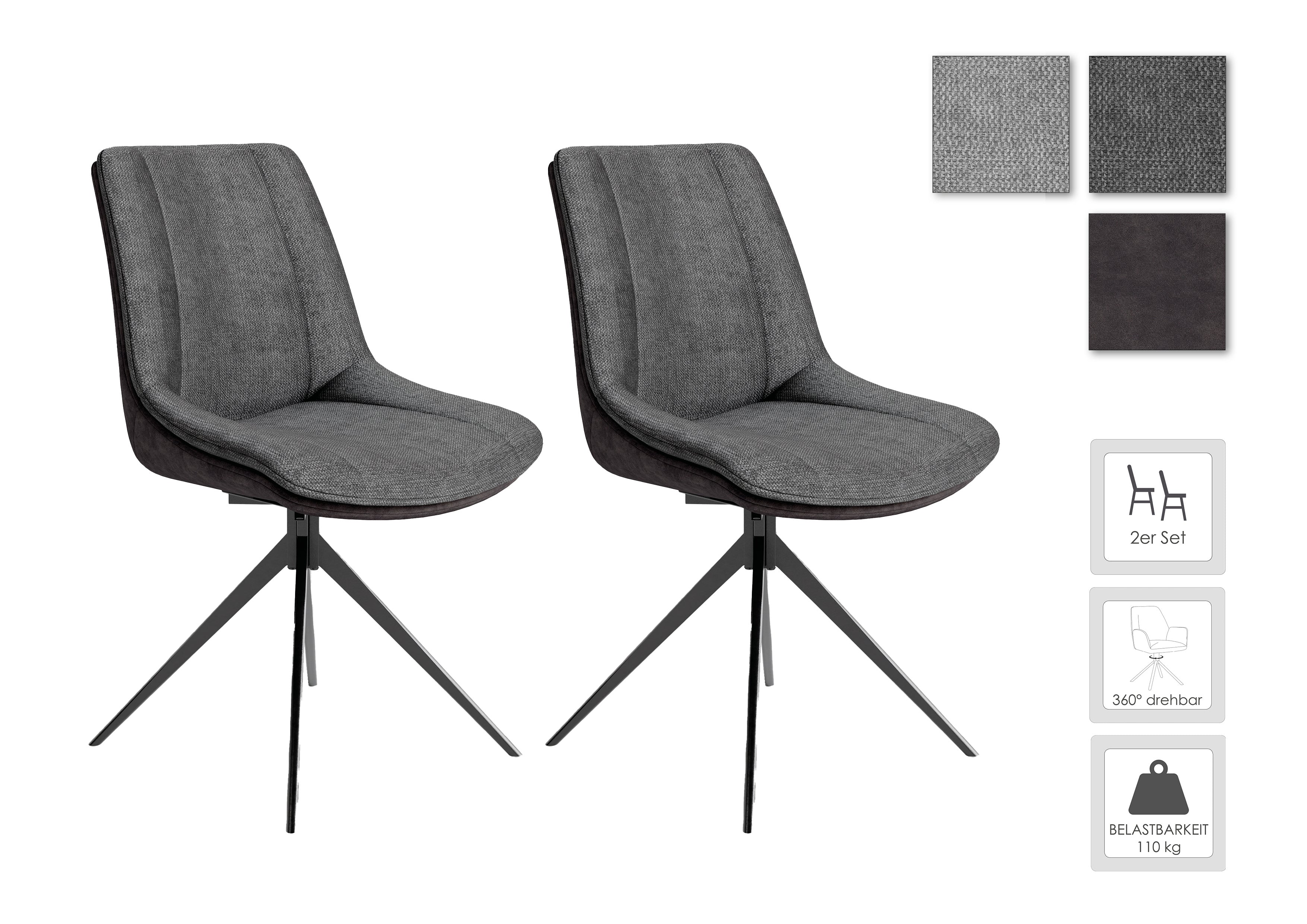 Esszimmerstuhl 2er Set PHOENIX / Mikrofaser anthrazit / Bouclé dunkelgrau oder hellgrau / Gestell Metall schwarz / Esszimmerstuhl / B 50, H 88, T 62 cm