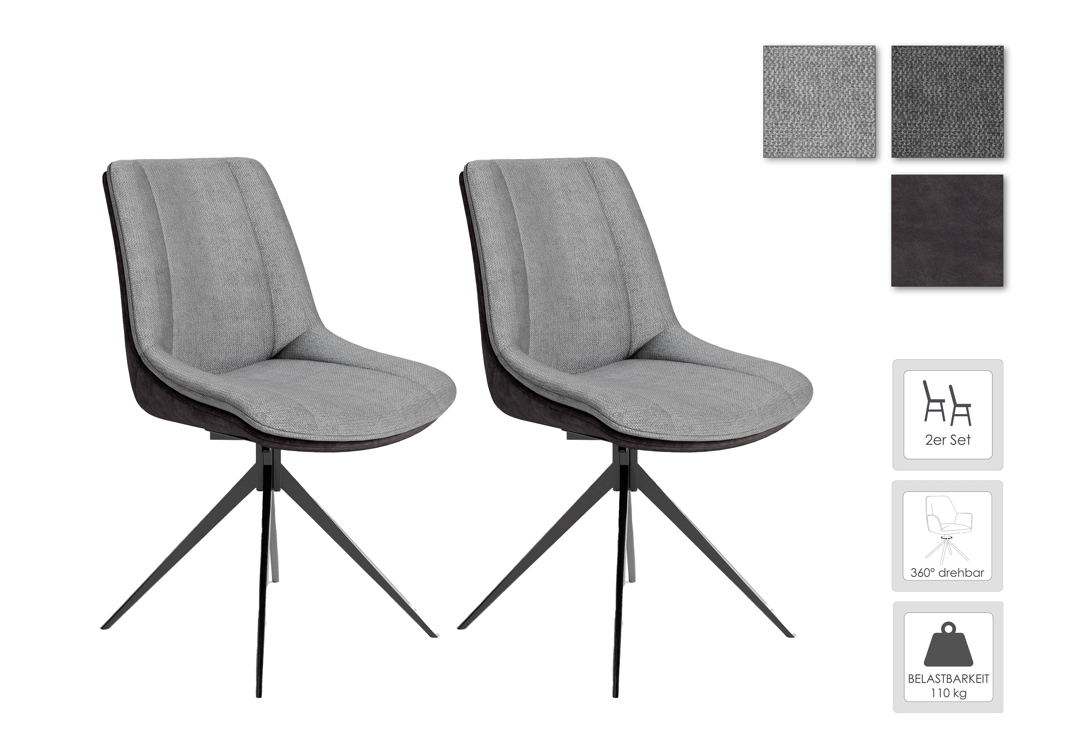 Esszimmerstuhl 2er Set PHOENIX / Mikrofaser anthrazit / Bouclé dunkelgrau oder hellgrau / Gestell Metall schwarz / Esszimmerstuhl / B 50, H 88, T 62 cm