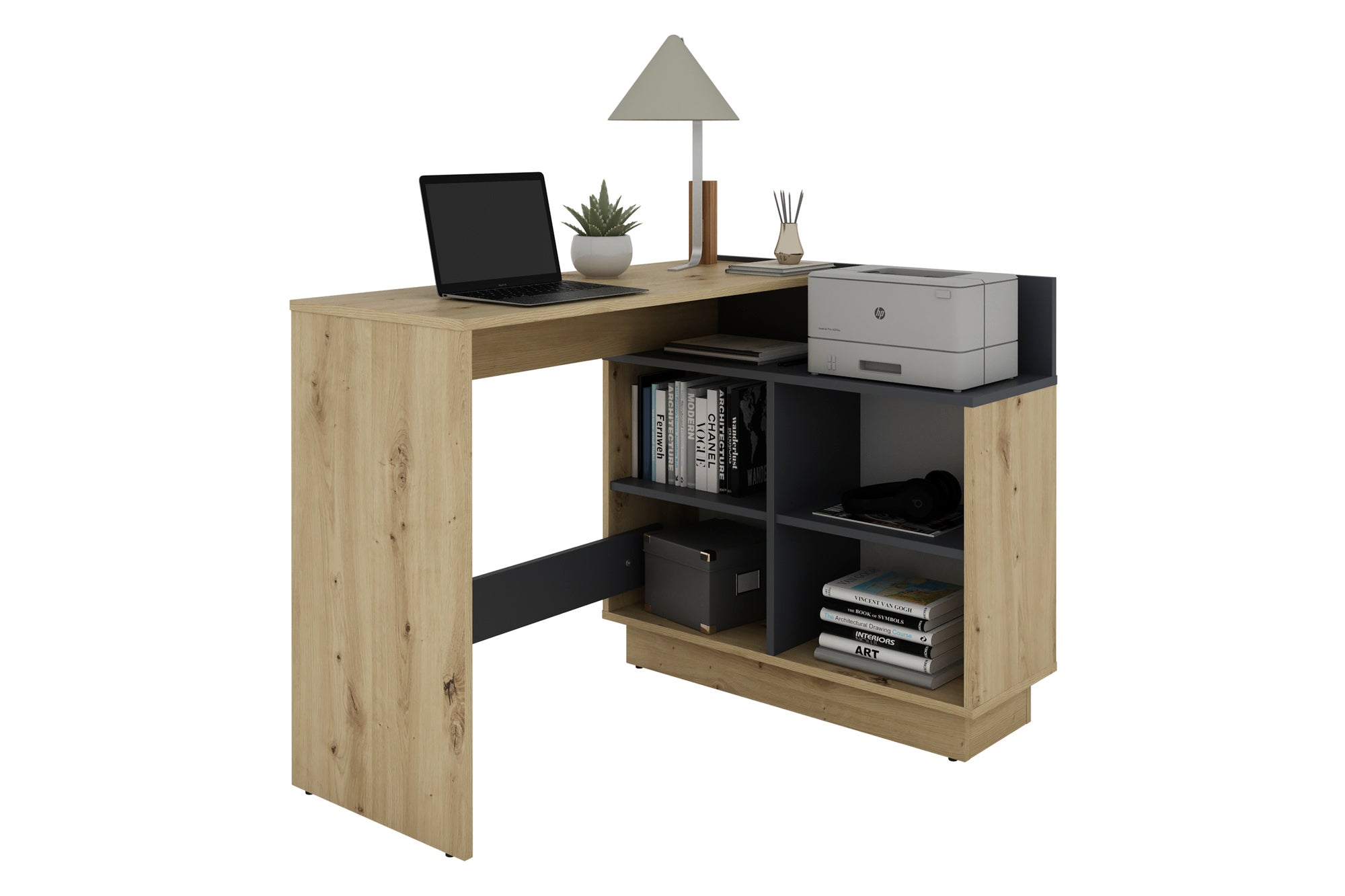 Schreibtisch BERNI / Gaming-Tisch in weiß oder Artisan Eiche (Eiche-Optik) mit graphit / Mit viel Stauraum und großer Tischplatte / Computer-Tisch / PC / Arbeits-Tisch / rechts-links montierbar / B 102, H 77,5, T 80 cm