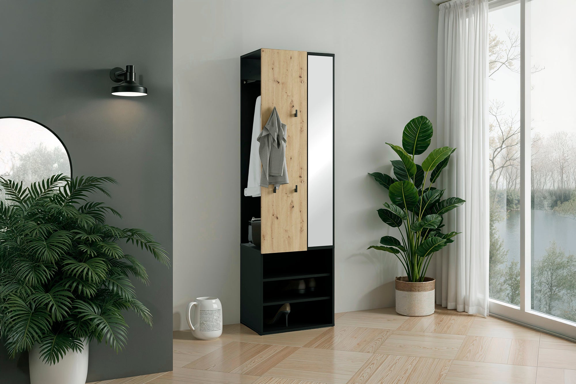 Kompaktgarderobe ANDORRA / Artisan Eiche (Eiche-Optik) oder weiß mit schwarz / Spiegel, Kleiderstange und Schuhfächer / Garderobenschrank / Flurgarderobe / Maße: B 55, H 187,5, T 40,5 cm