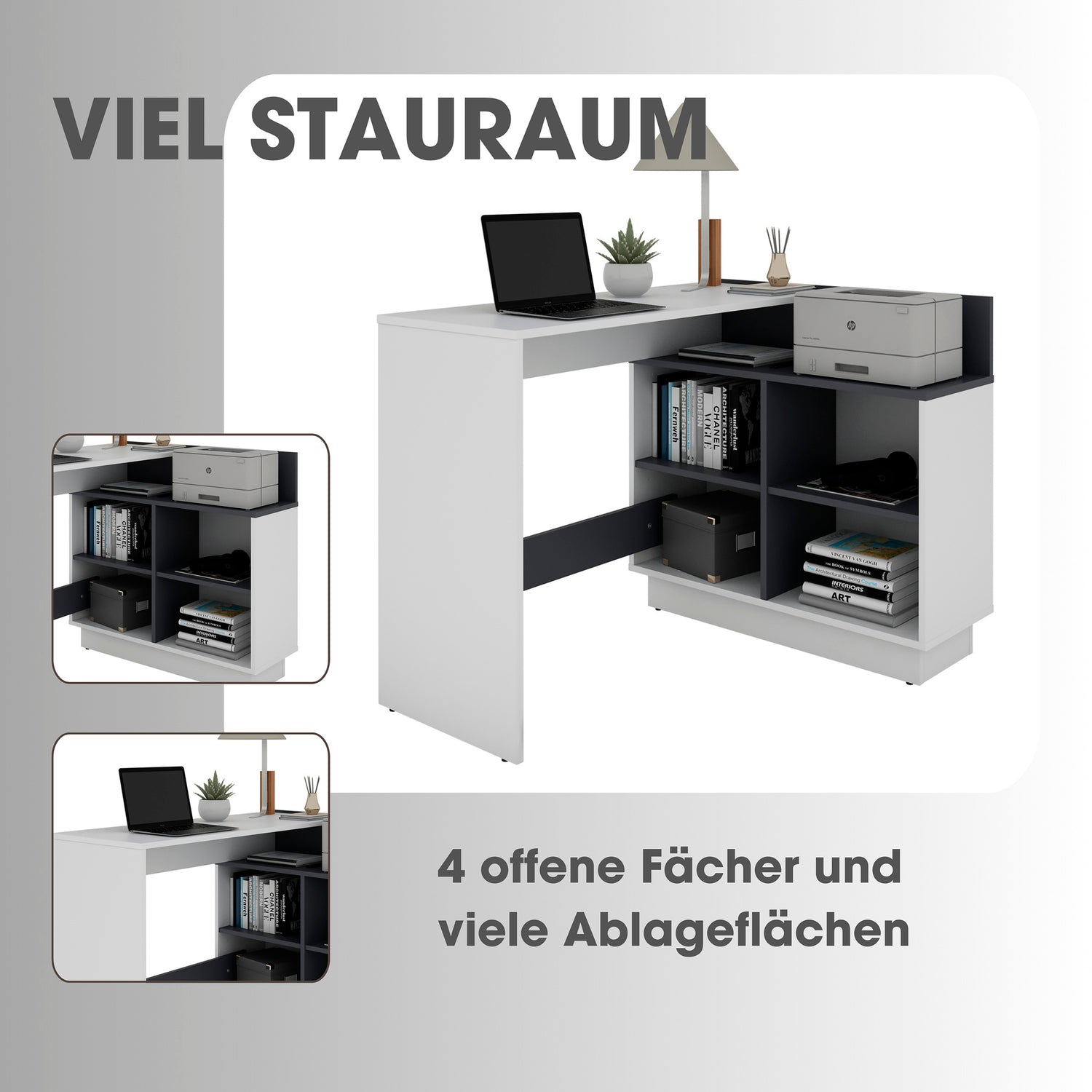 byLIVING Schreibtisch BERNI / Gaming-Tisch in weiß oder Artisan Eiche (Eiche-Optik) mit graphit / Mit viel Stauraum und großer Tischplatte / Computer-Tisch / PC / Arbeits-Tisch / rechts-links montierbar / B 112, H 77,5, T 80 cm