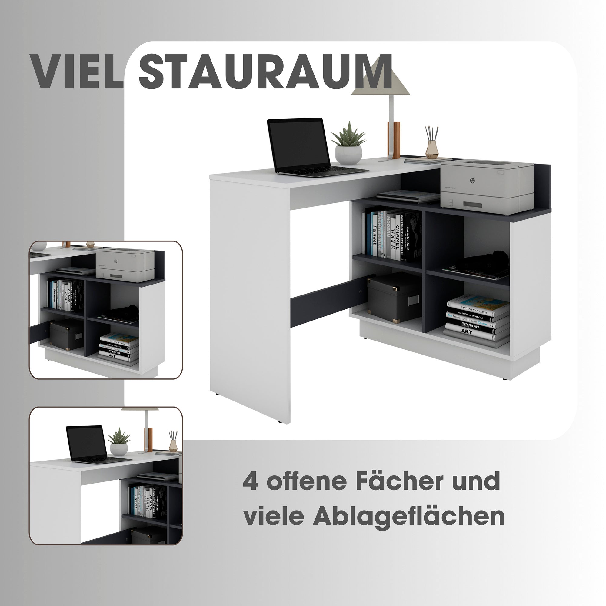 Schreibtisch BERNI / Gaming-Tisch in weiß oder Artisan Eiche (Eiche-Optik) mit graphit / Mit viel Stauraum und großer Tischplatte / Computer-Tisch / PC / Arbeits-Tisch / rechts-links montierbar / B 102, H 77,5, T 80 cm