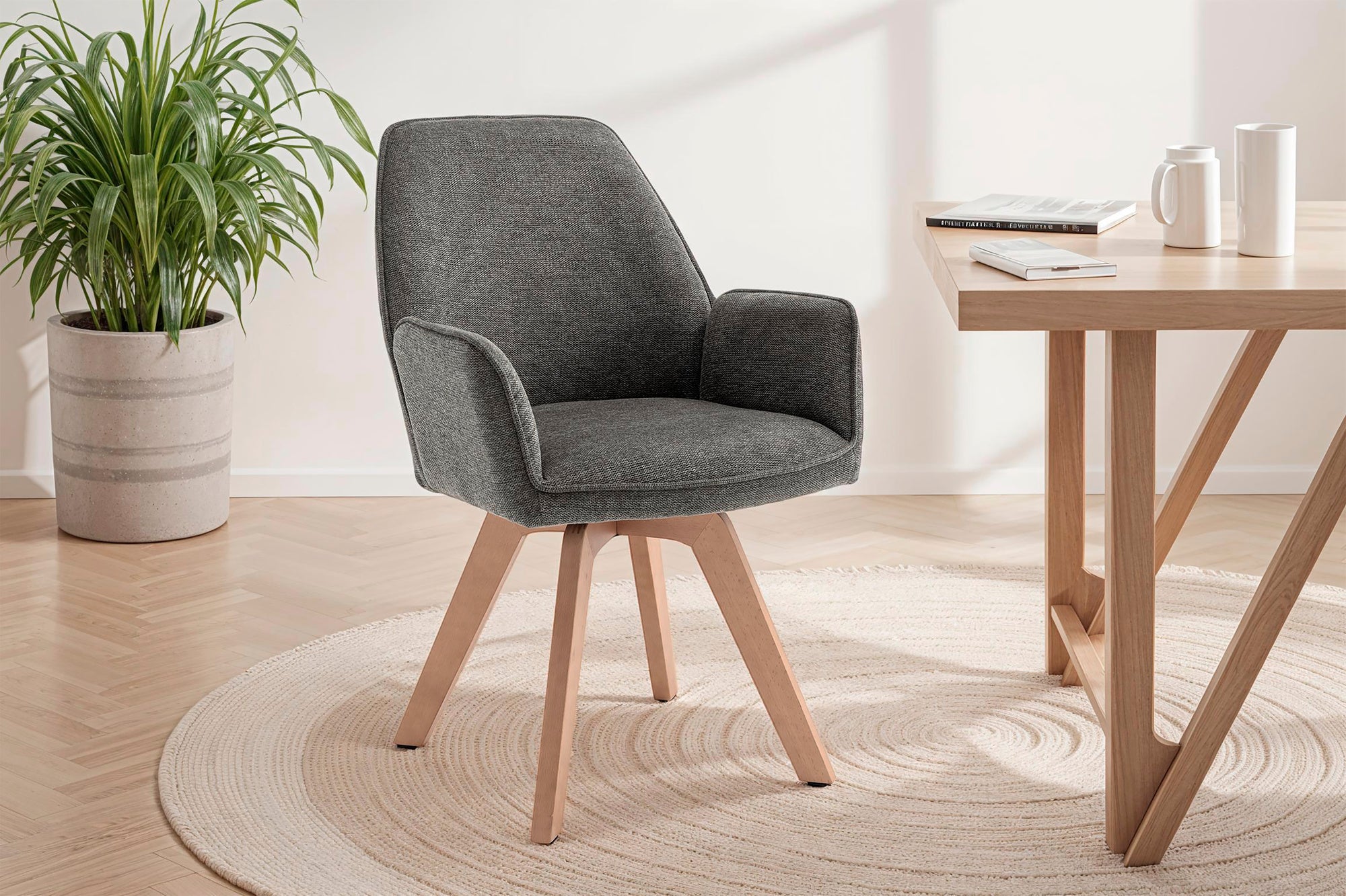 byLIVING Esszimmerstuhl 2er Set TONY / Webstoff hellgrau oder anthrazit / Gestell Buche natur in Eiche-Optik / Sitzschale 360° drehbar / Küchenstuhl / Wohnzimmerstuhl / B 57, H 89, T 61 cm