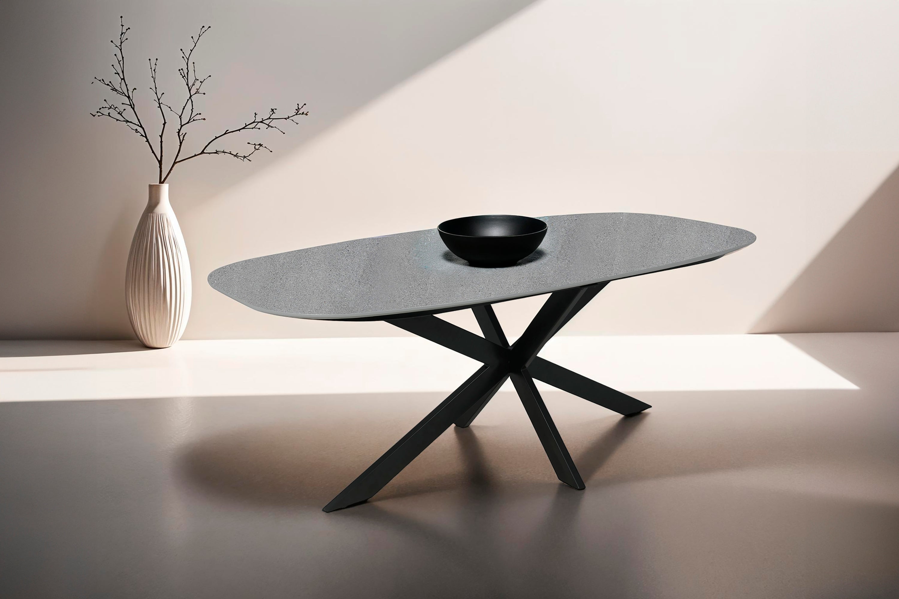 Esstisch OVAL / Bootsform / Tischplatte in Naturstein-Optik grau / Gestell Metall schwarz / 200 x 100, H 76 cm