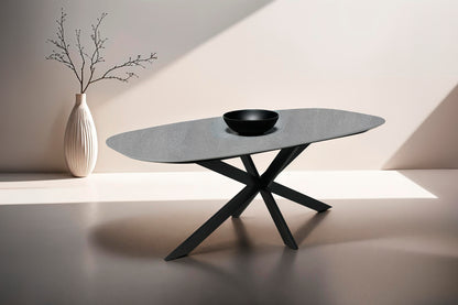Esstisch OVAL / Bootsform / Tischplatte in Naturstein-Optik grau / Gestell Metall schwarz / 200 x 100, H 76 cm