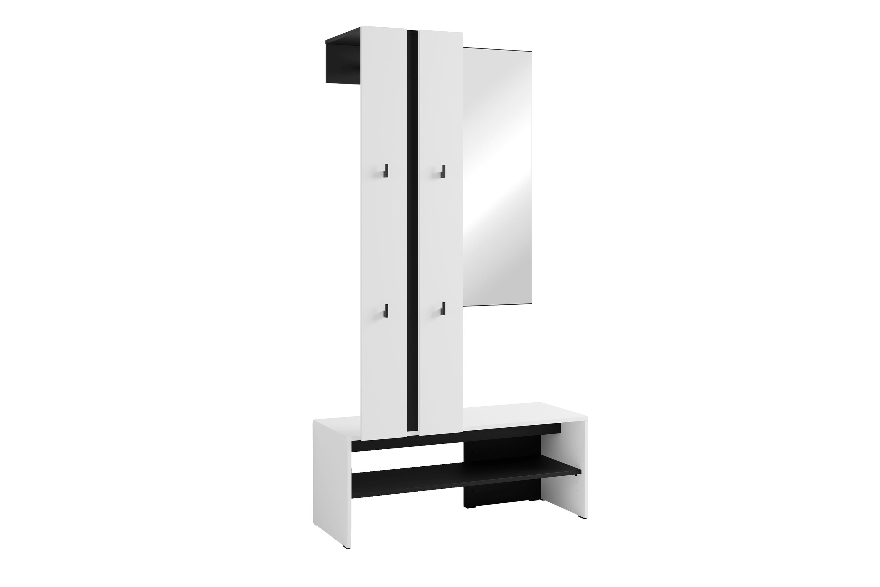 Kompaktgarderobe NANTE / Artisan Eiche (Eiche-Optik) oder weiß, Absetzung in schwarz / Spiegel, Kleiderstange, offene Fächer / Garderobenmöbel / Flurgarderobe / Maße: B 100, H 186, T 40 cm