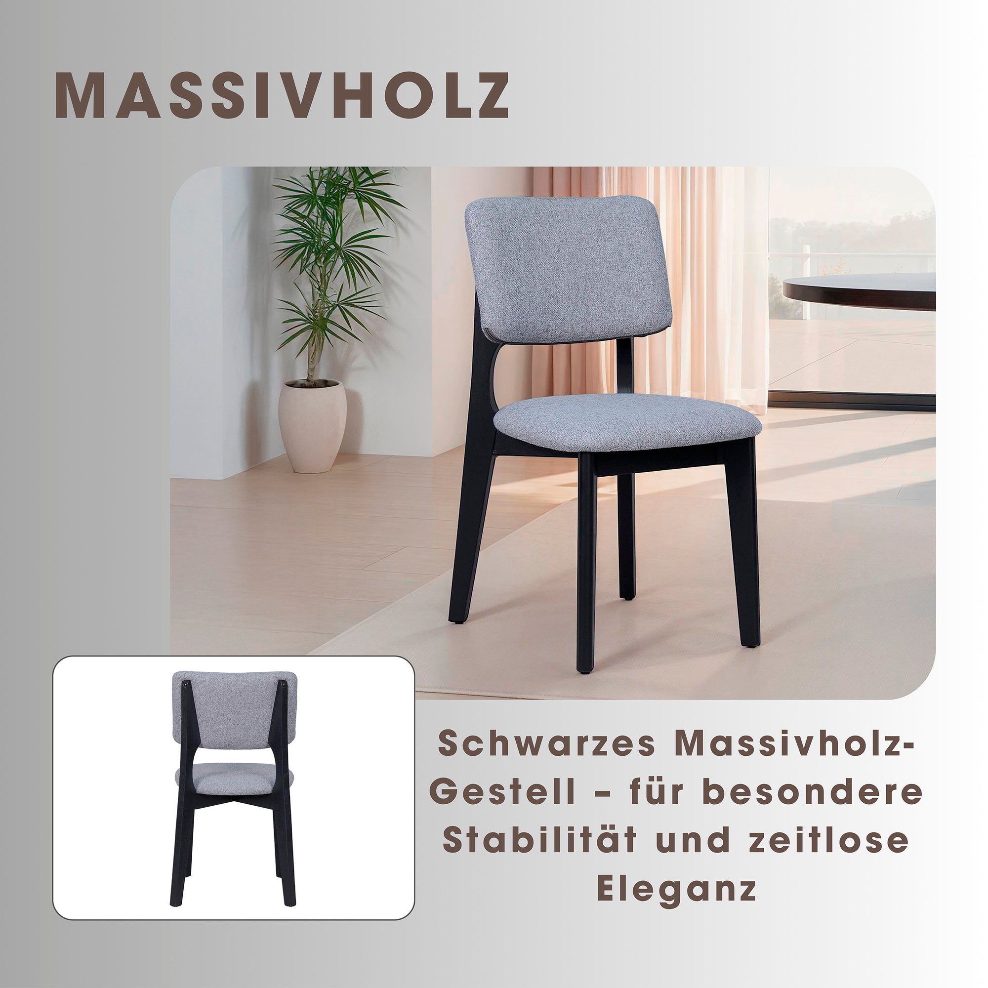 Esszimmerstuhl 2er Set ELSA / Webstoff beige oder grau / Gestell Massivholz schwarz / B 48, H 87, T 54 cm