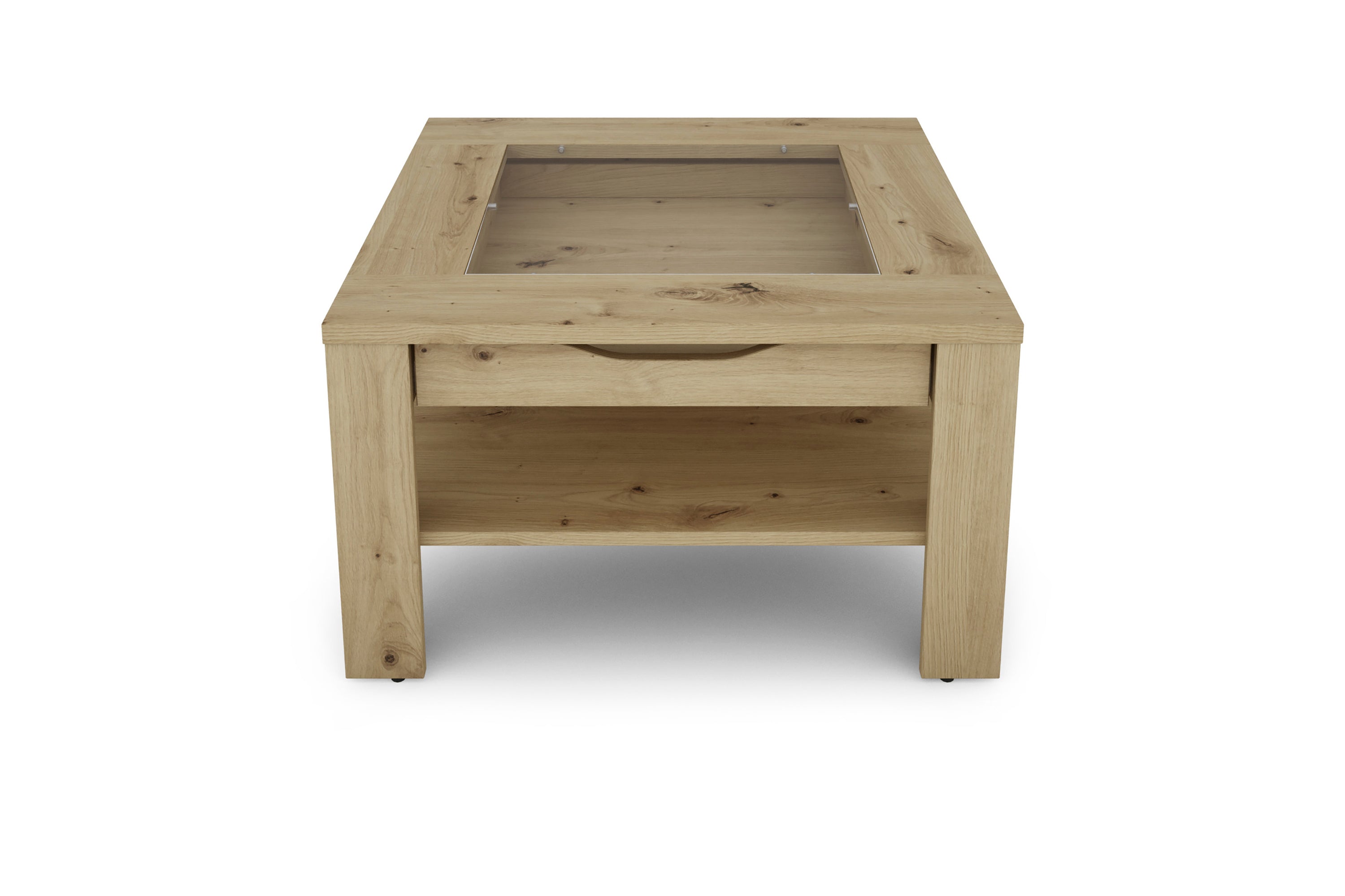 Couchtisch RALPH / moderner Sofatisch mit Glaseinlage und großzügiger Schublade / in Old Wood-Optik, weiß oder Artisan Eiche / Beistelltisch mit viel Stauraum / B 67, H 43, T 67 cm